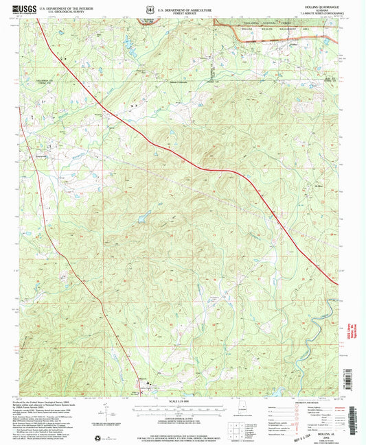 Classic USGS Hollins Alabama 7.5'x7.5' Topo Map Image