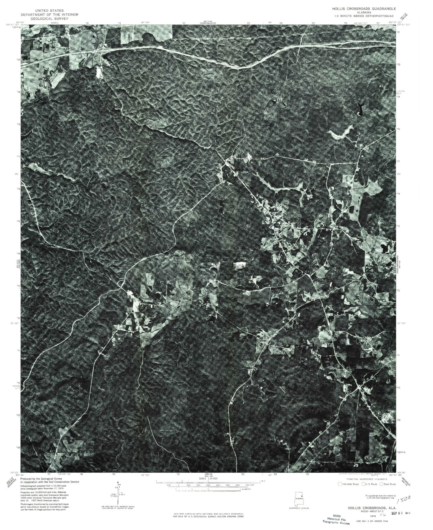 Classic USGS Hollis Crossroads Alabama 7.5'x7.5' Topo Map Image