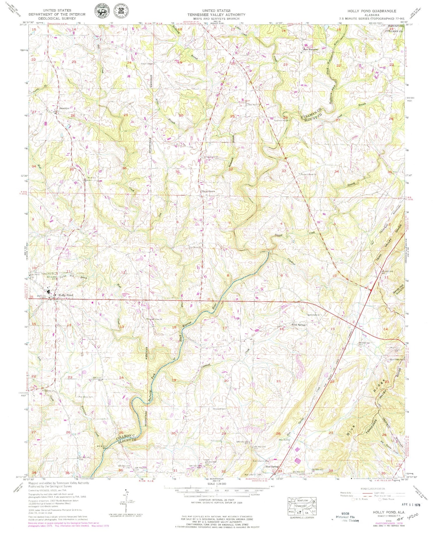 Classic USGS Holly Pond Alabama 7.5'x7.5' Topo Map Image