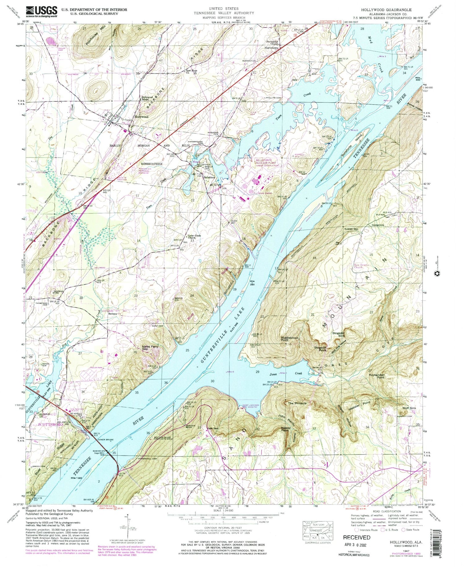 Classic USGS Hollywood Alabama 7.5'x7.5' Topo Map Image