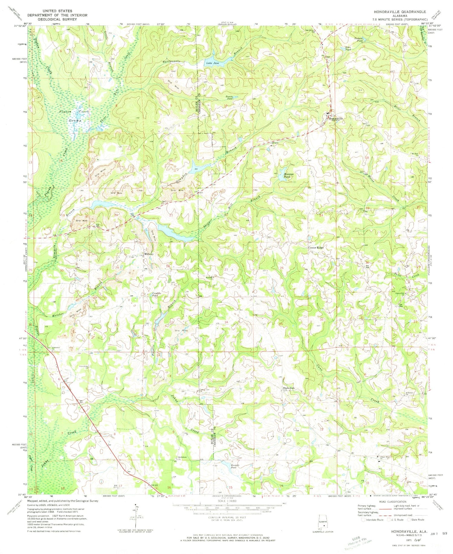 Classic USGS Honoraville Alabama 7.5'x7.5' Topo Map Image
