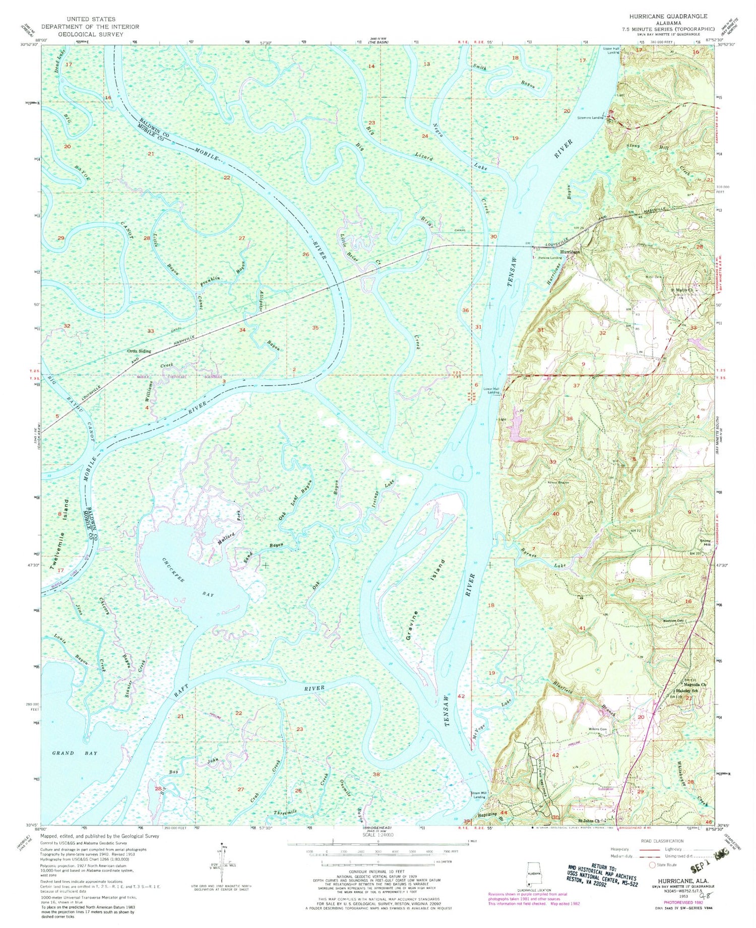 Classic USGS Hurricane Alabama 7.5'x7.5' Topo Map Image