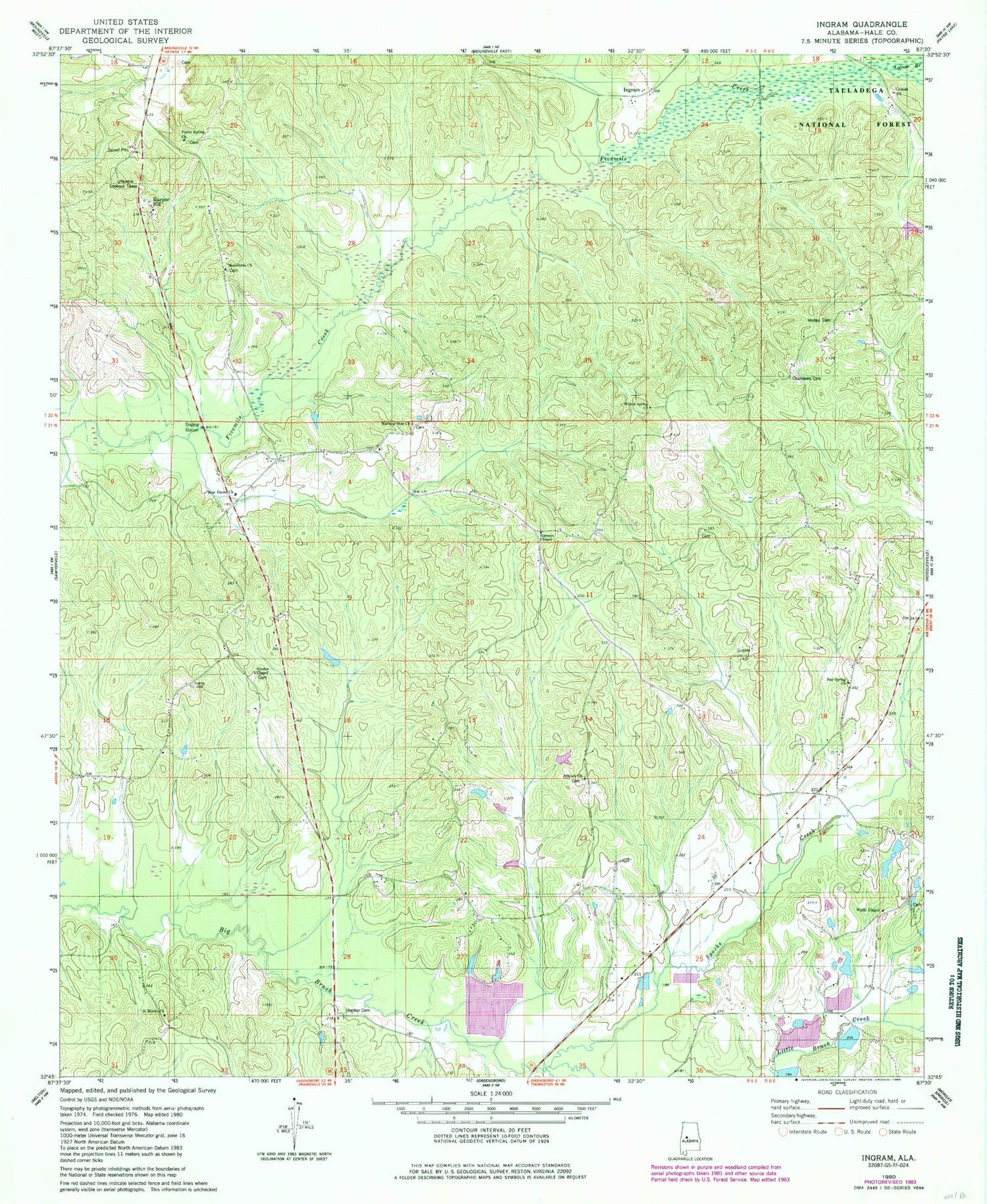 Classic USGS Ingram Alabama 7.5'x7.5' Topo Map Image