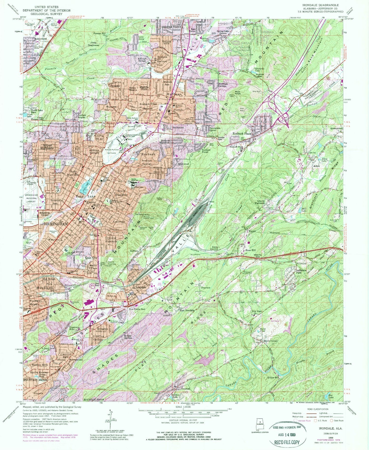 Classic USGS Irondale Alabama 7.5'x7.5' Topo Map Image