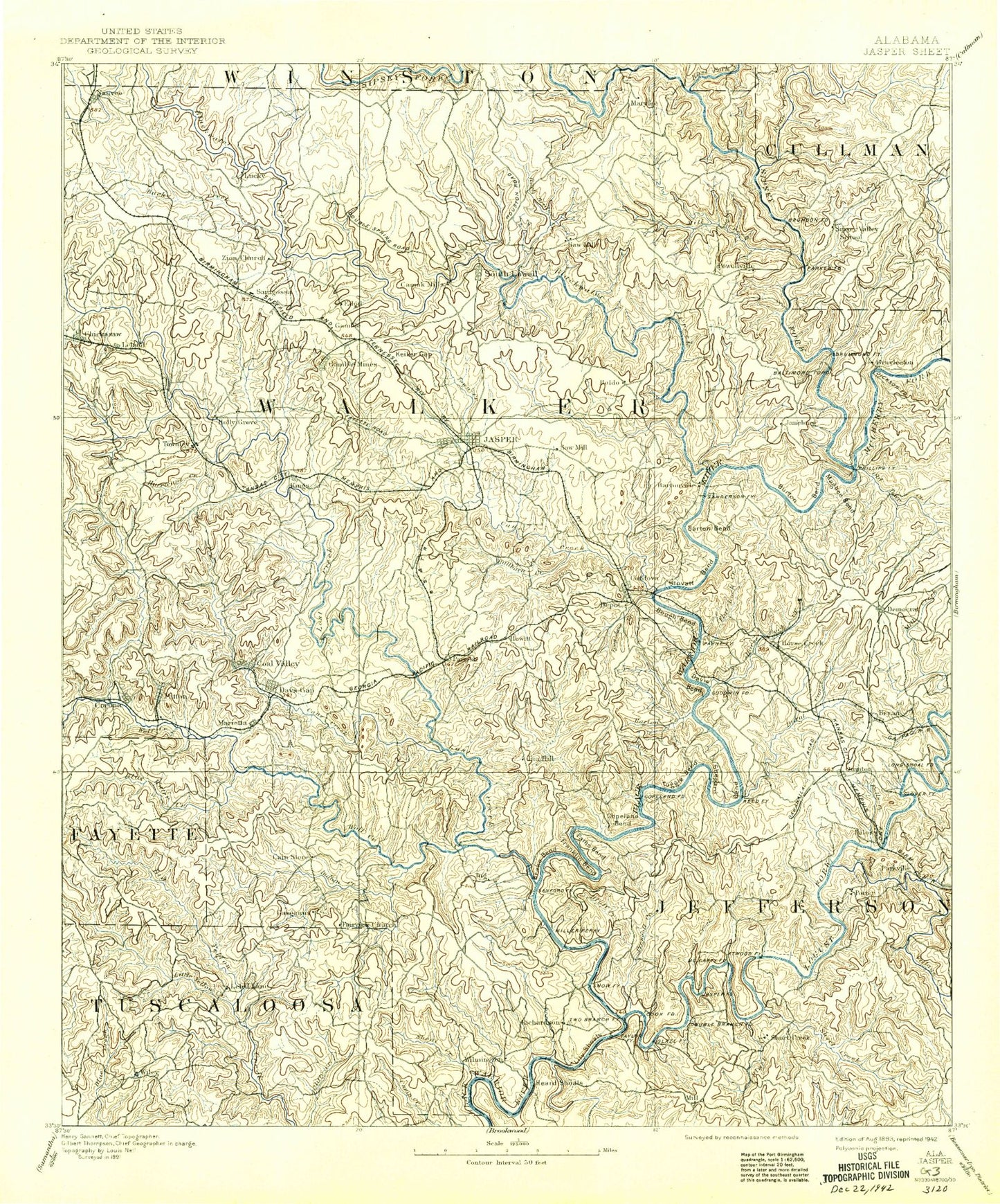 Historic 1893 Jasper Alabama 30'x30' Topo Map Image