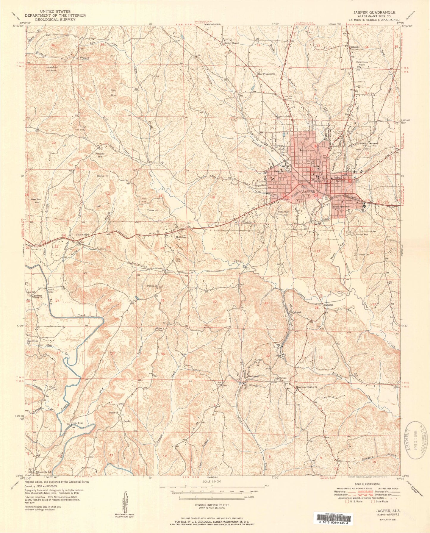 Classic USGS Jasper Alabama 7.5'x7.5' Topo Map Image