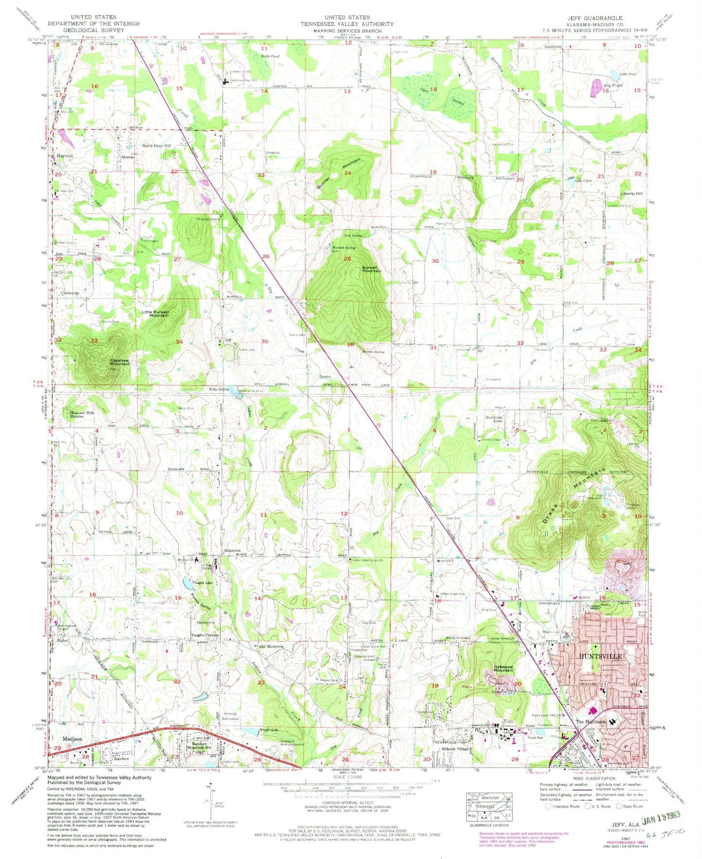 Classic USGS Jeff Alabama 7.5'x7.5' Topo Map Image