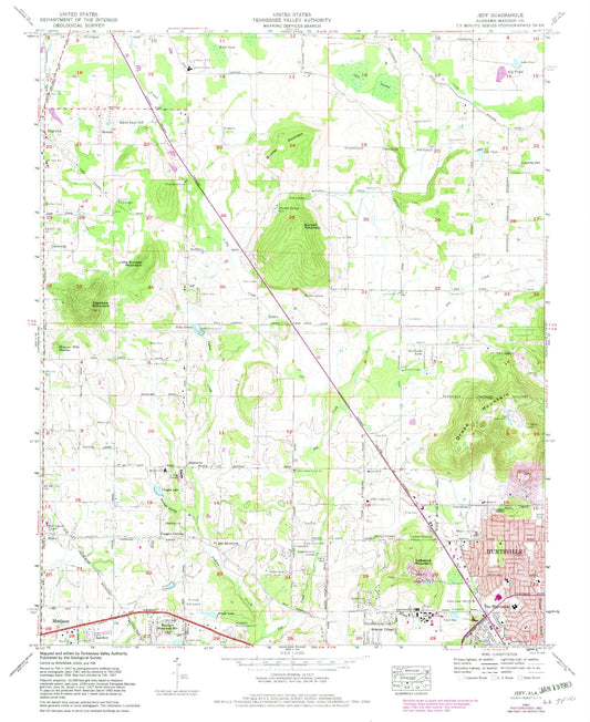 Classic USGS Jeff Alabama 7.5'x7.5' Topo Map Image