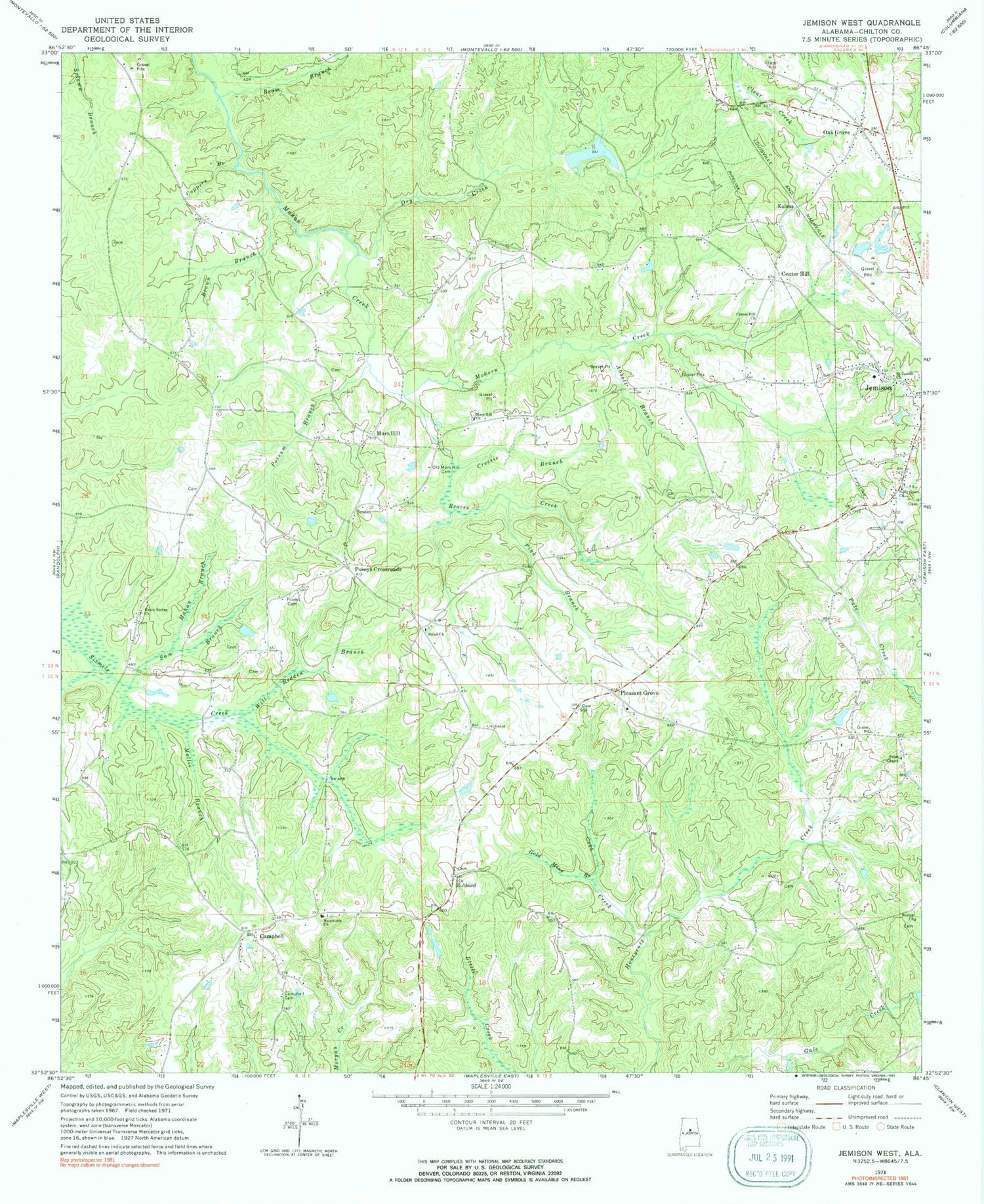 Classic USGS Jemison West Alabama 7.5'x7.5' Topo Map Image