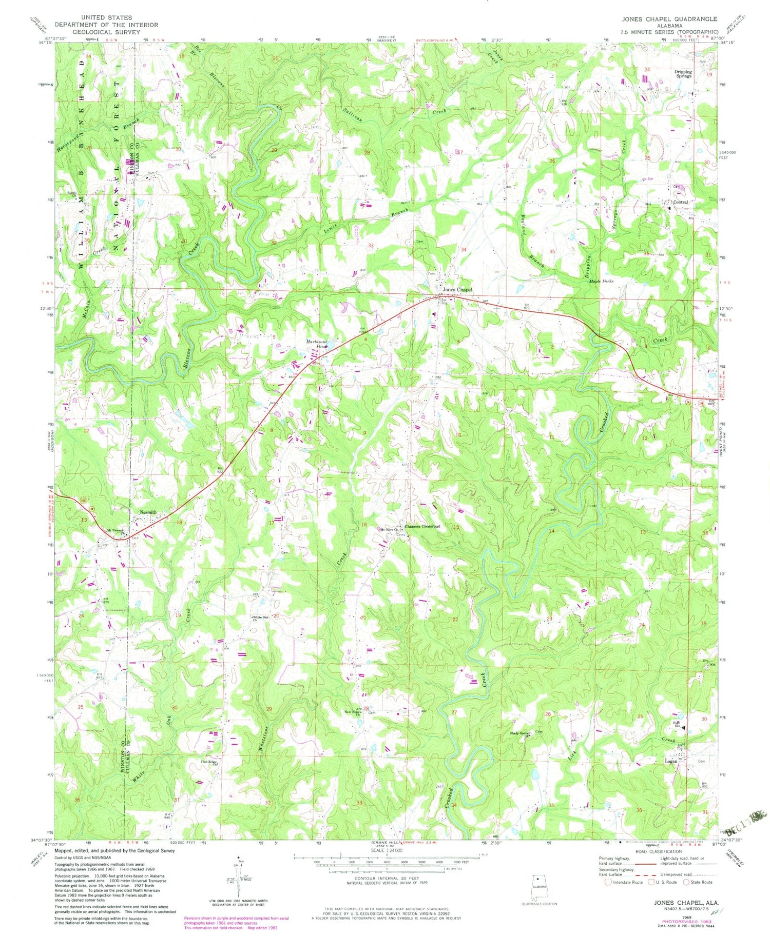 Classic USGS Jones Chapel Alabama 7.5'x7.5' Topo Map Image