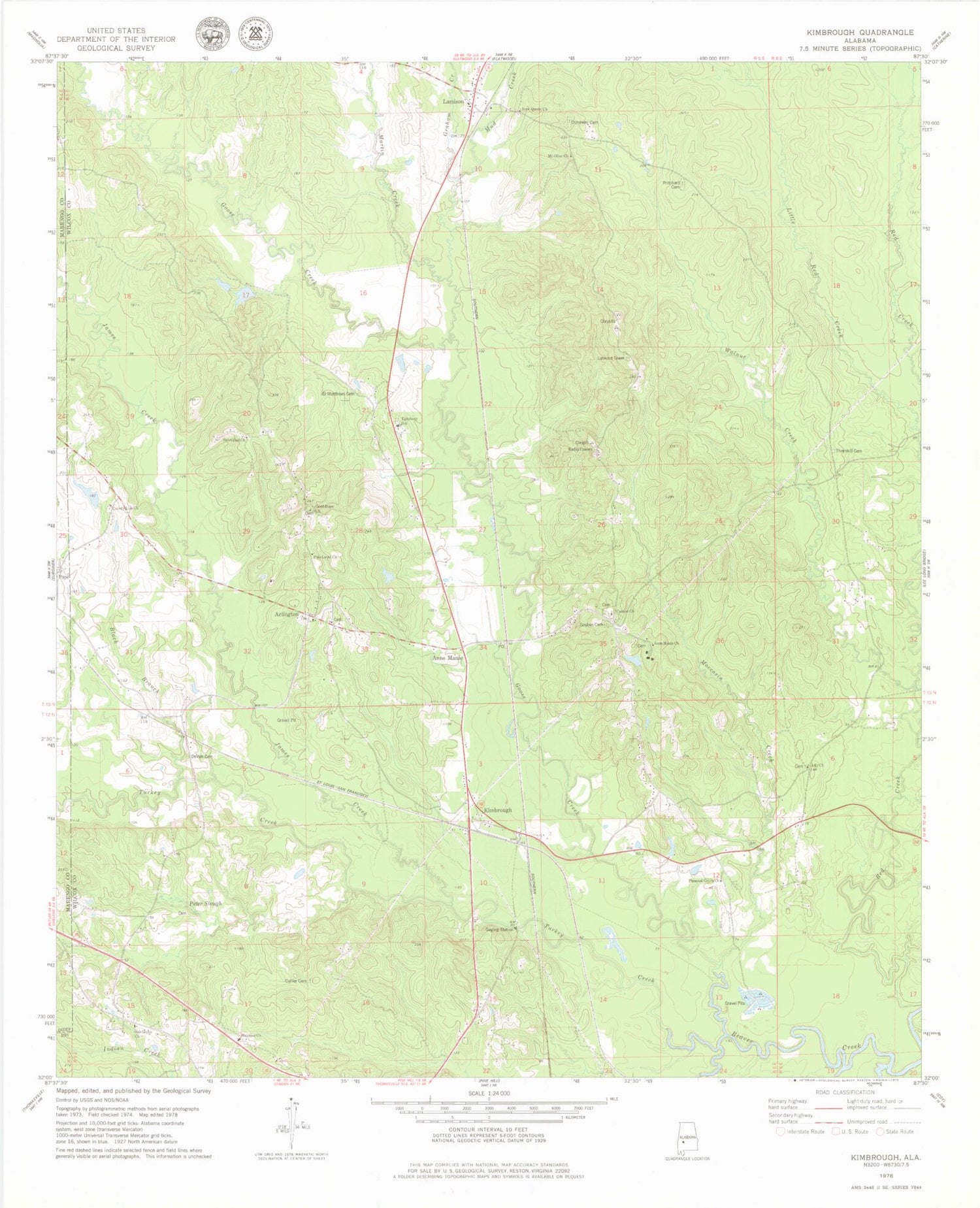Classic USGS Kimbrough Alabama 7.5'x7.5' Topo Map Image