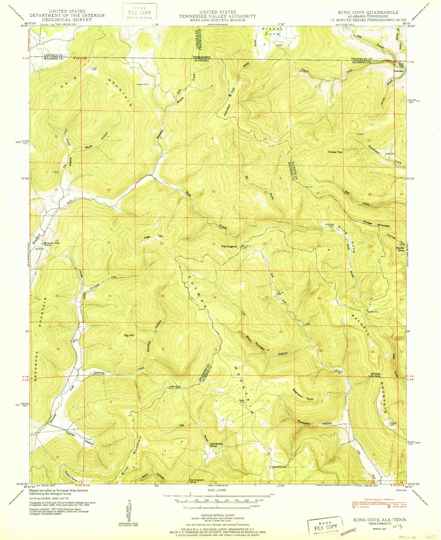 Classic USGS King Cove Alabama 7.5'x7.5' Topo Map Image