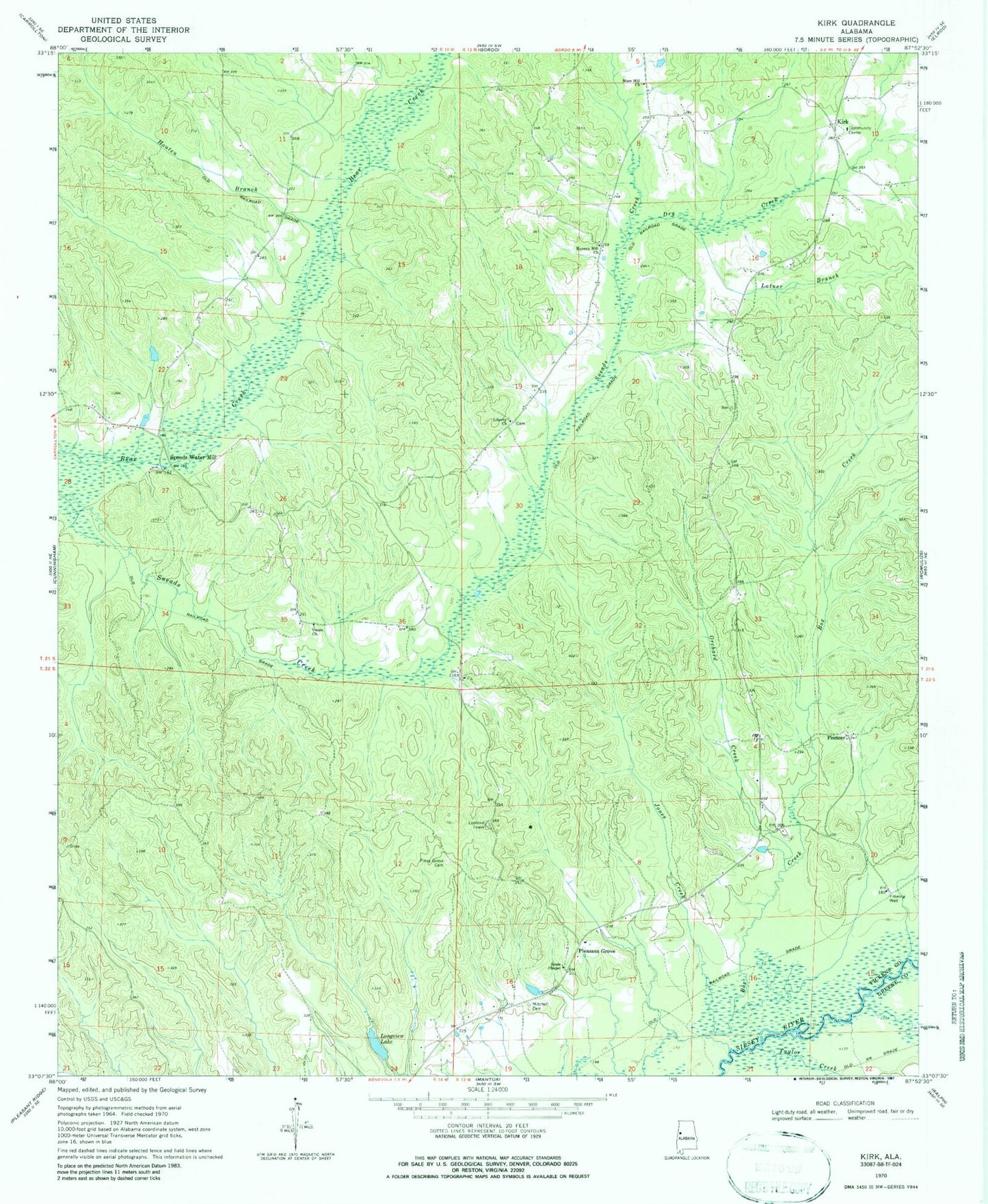 Classic USGS Kirk Alabama 7.5'x7.5' Topo Map Image