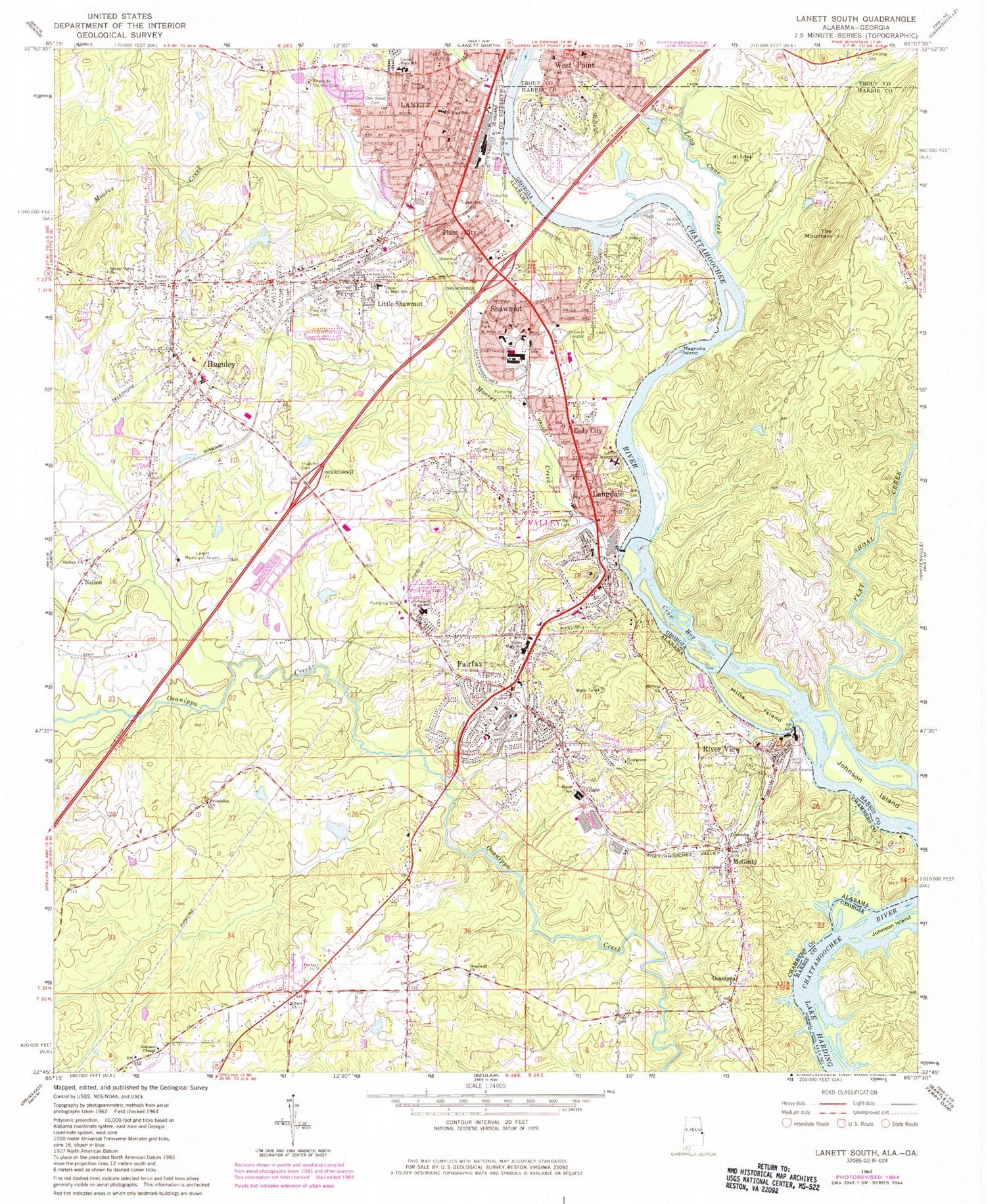 Classic USGS Lanett South Alabama 7.5'x7.5' Topo Map Image