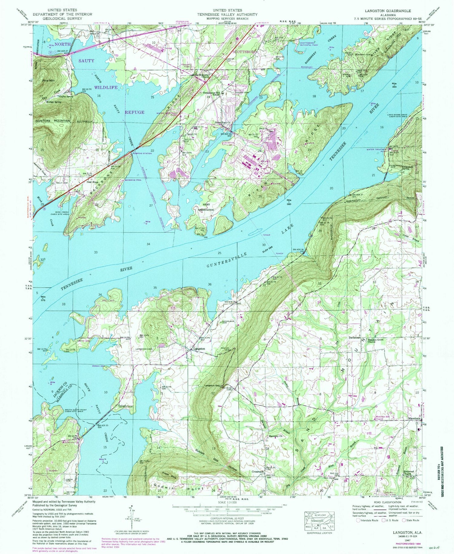 Classic USGS Langston Alabama 7.5'x7.5' Topo Map Image