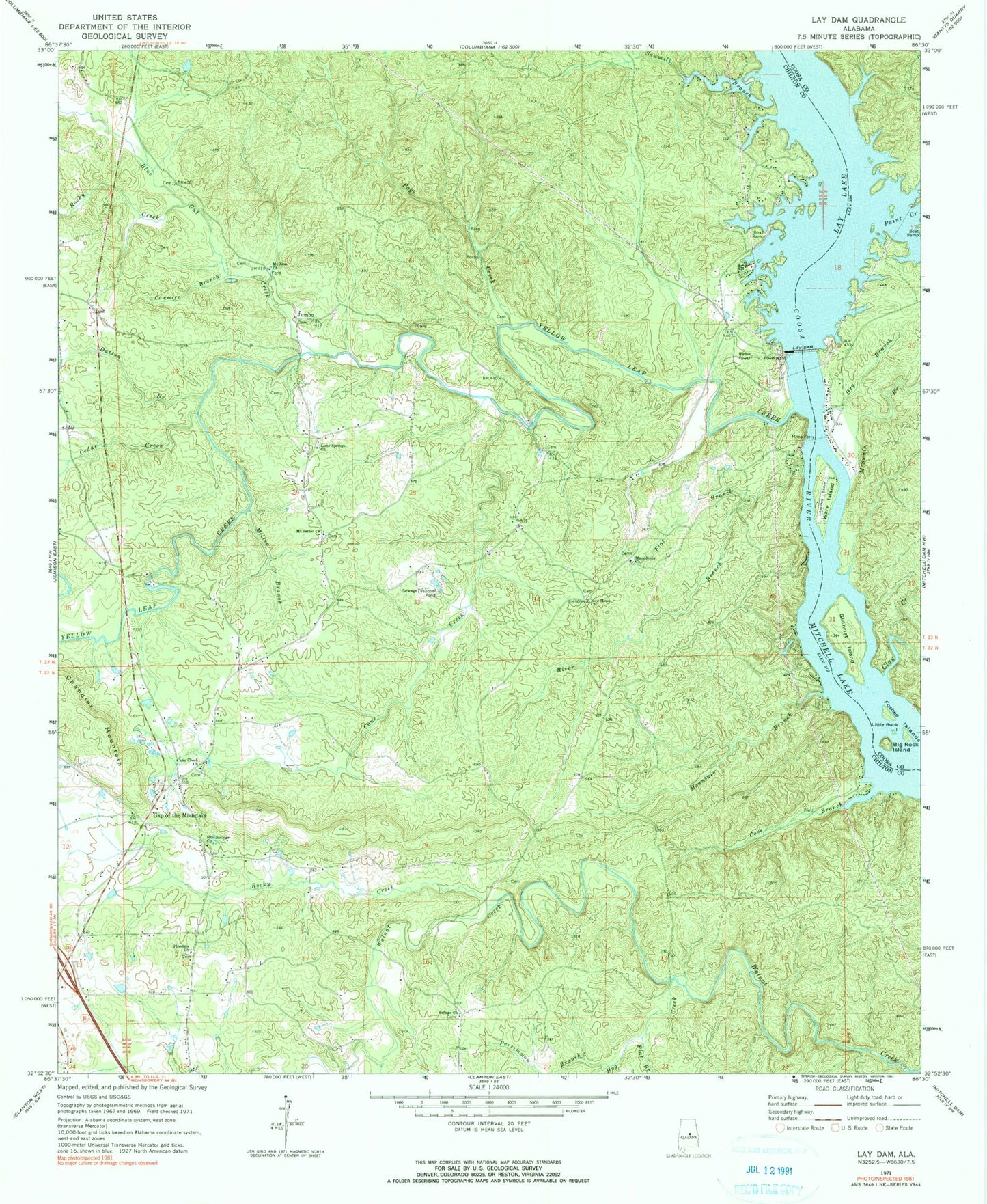 Classic USGS Lay Dam Alabama 7.5'x7.5' Topo Map Image