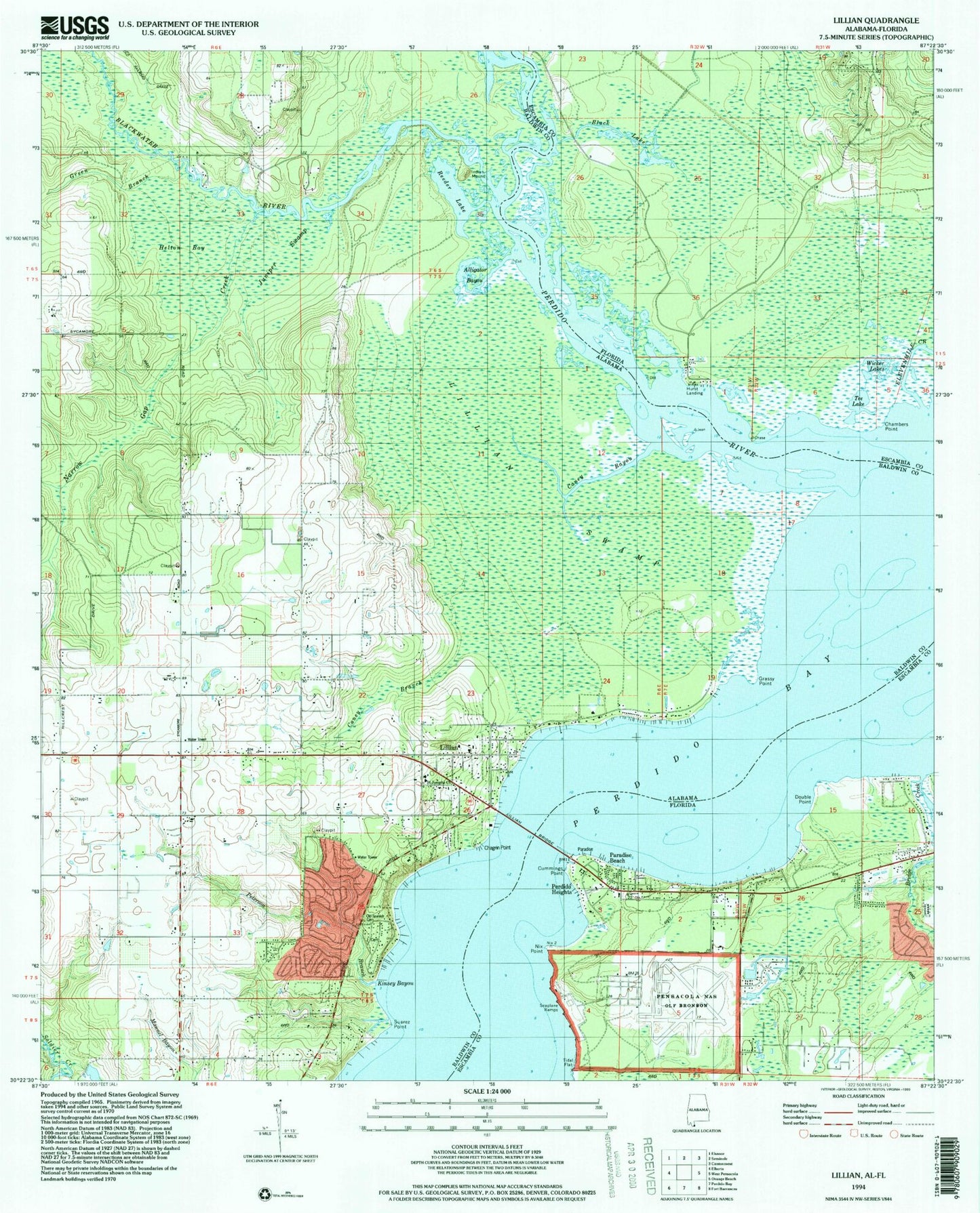Classic USGS Lillian Alabama 7.5'x7.5' Topo Map Image