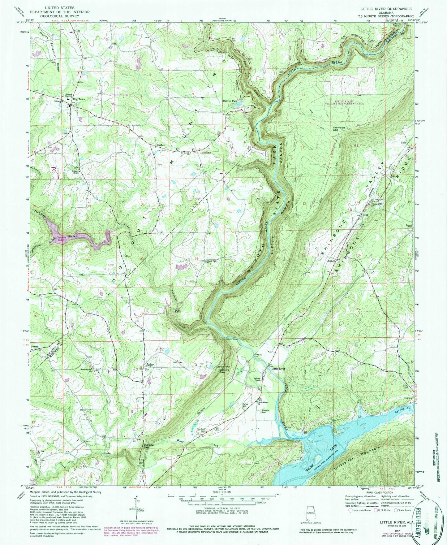 Classic USGS Little River Alabama 7.5'x7.5' Topo Map Image