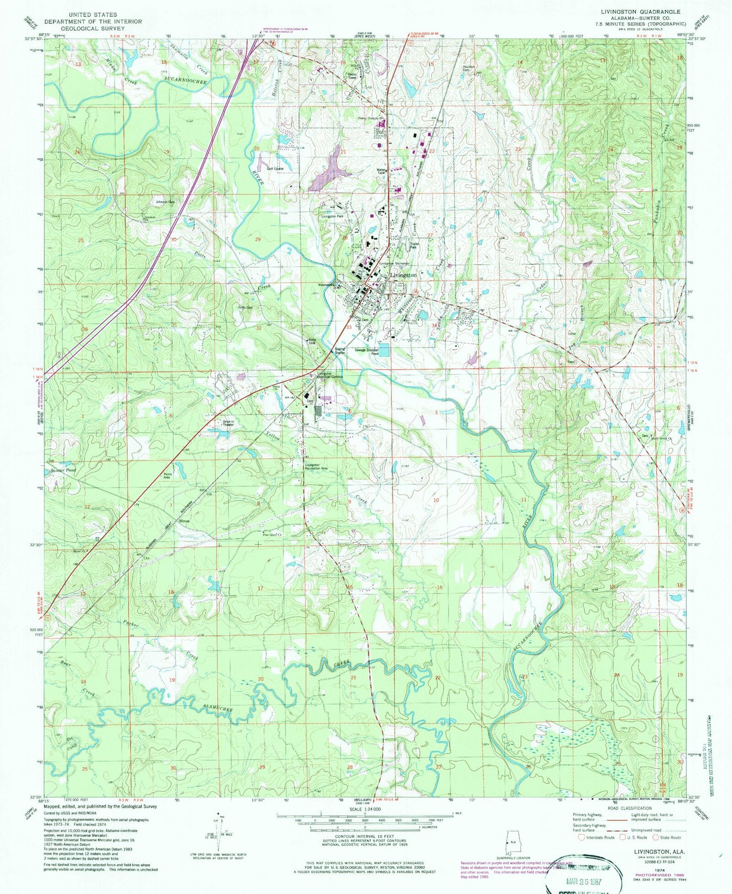 Classic USGS Livingston Alabama 7.5'x7.5' Topo Map Image