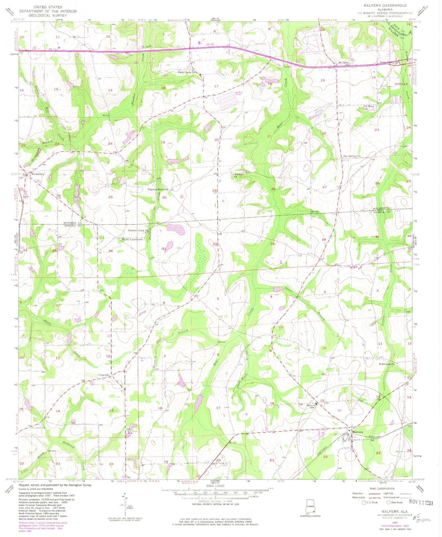 Classic USGS Malvern Alabama 7.5'x7.5' Topo Map Image
