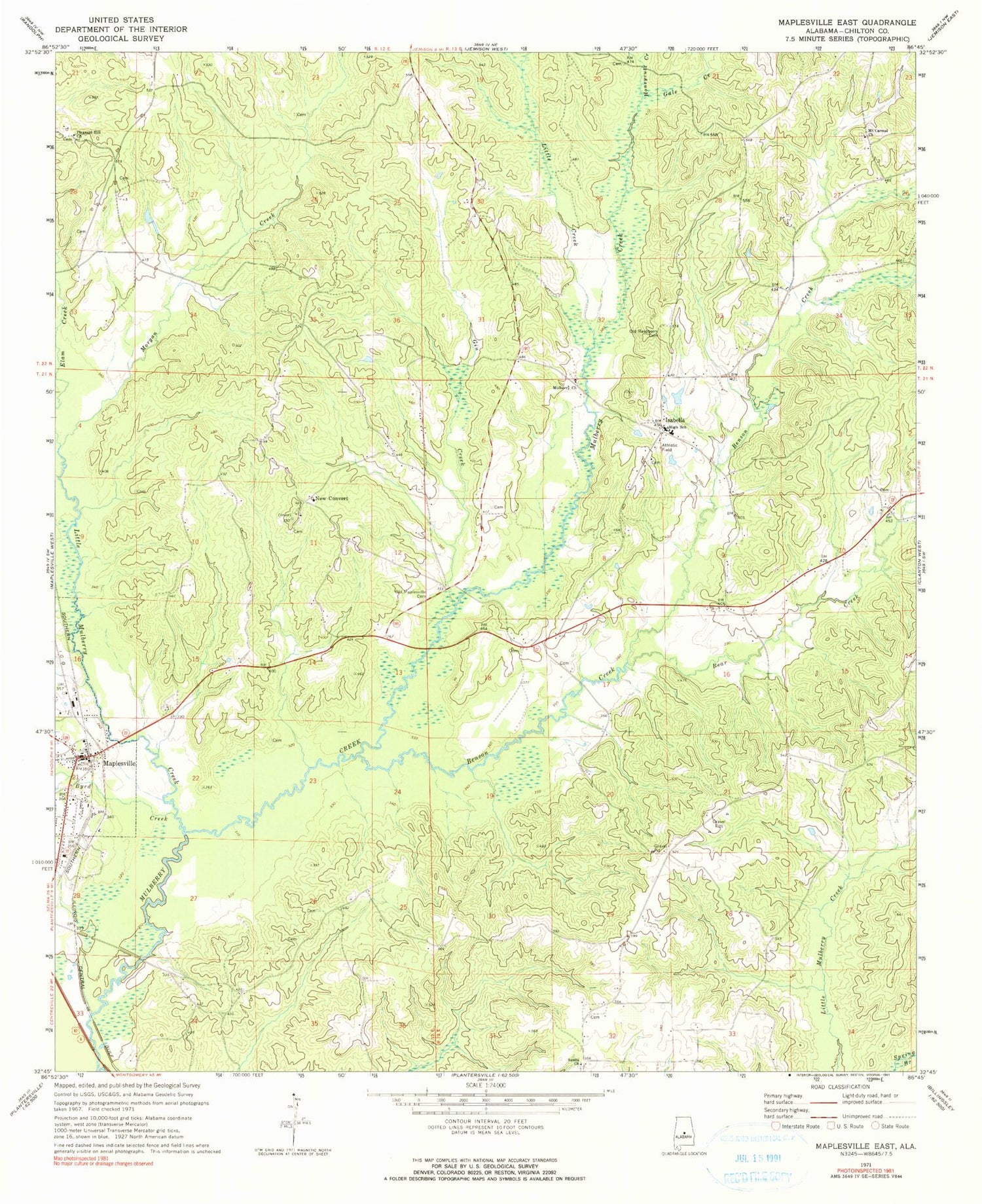 Classic USGS Maplesville East Alabama 7.5'x7.5' Topo Map Image
