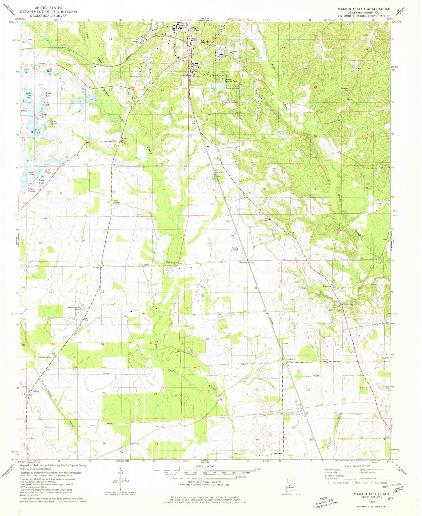 Classic USGS Marion South Alabama 7.5'x7.5' Topo Map Image