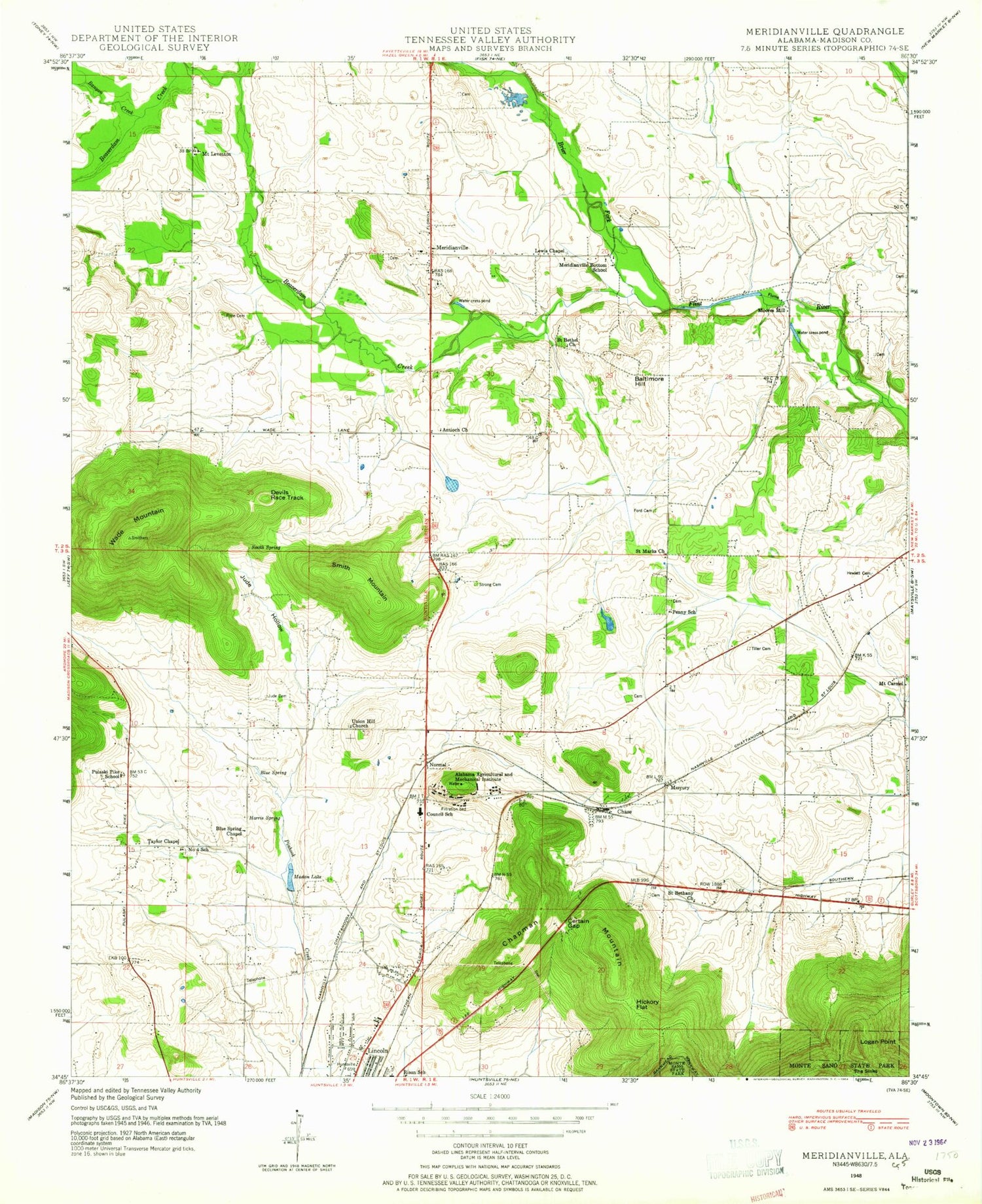 Classic USGS Meridianville Alabama 7.5'x7.5' Topo Map Image