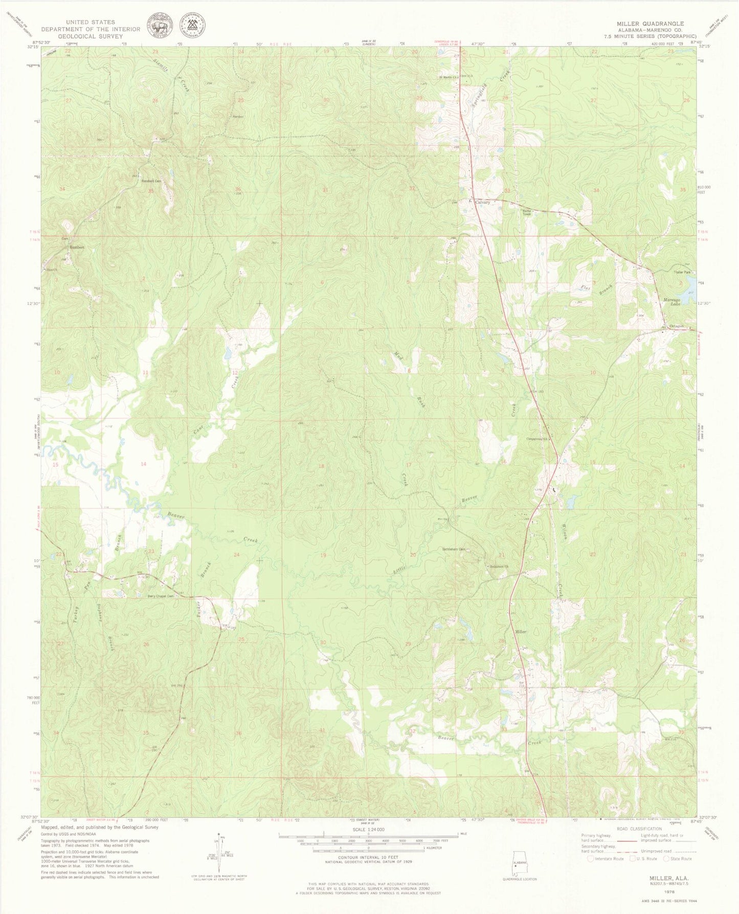 Classic USGS Miller Alabama 7.5'x7.5' Topo Map Image