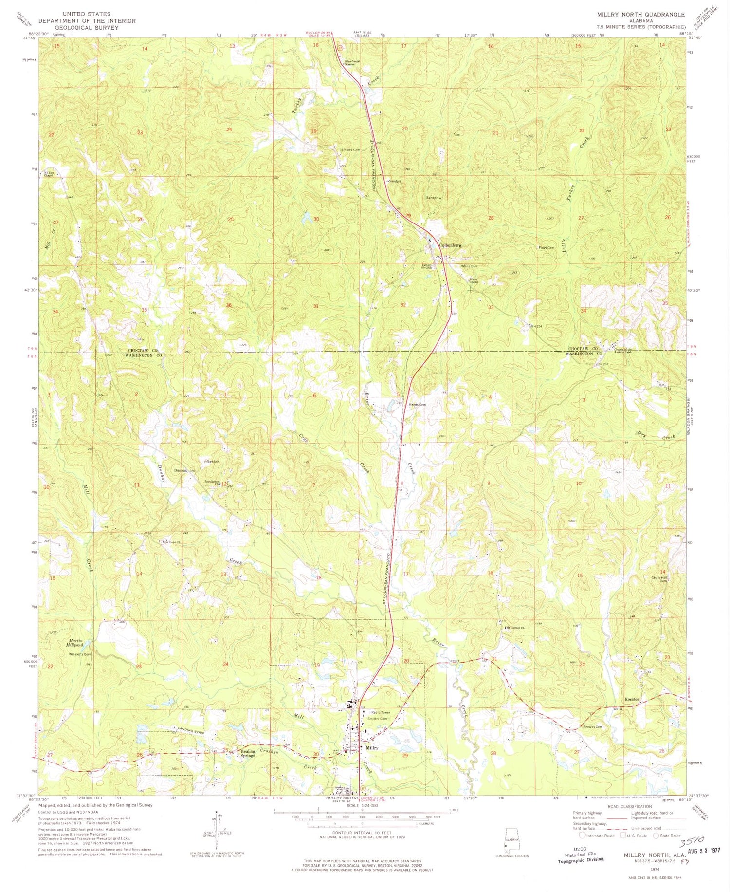 Classic USGS Millry North Alabama 7.5'x7.5' Topo Map Image