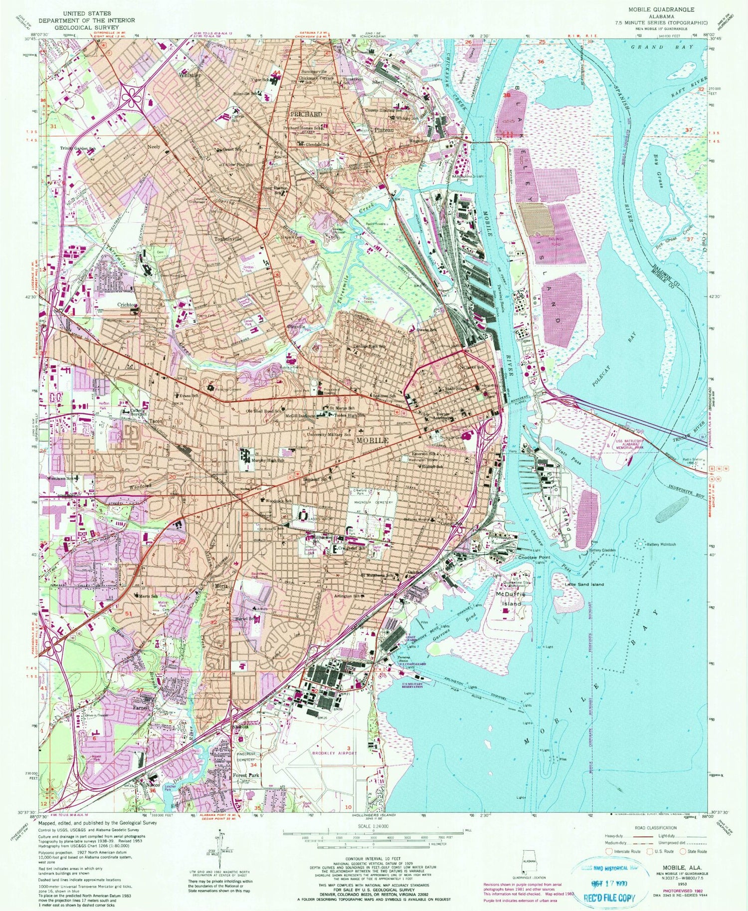 Classic USGS Mobile Alabama 7.5'x7.5' Topo Map Image