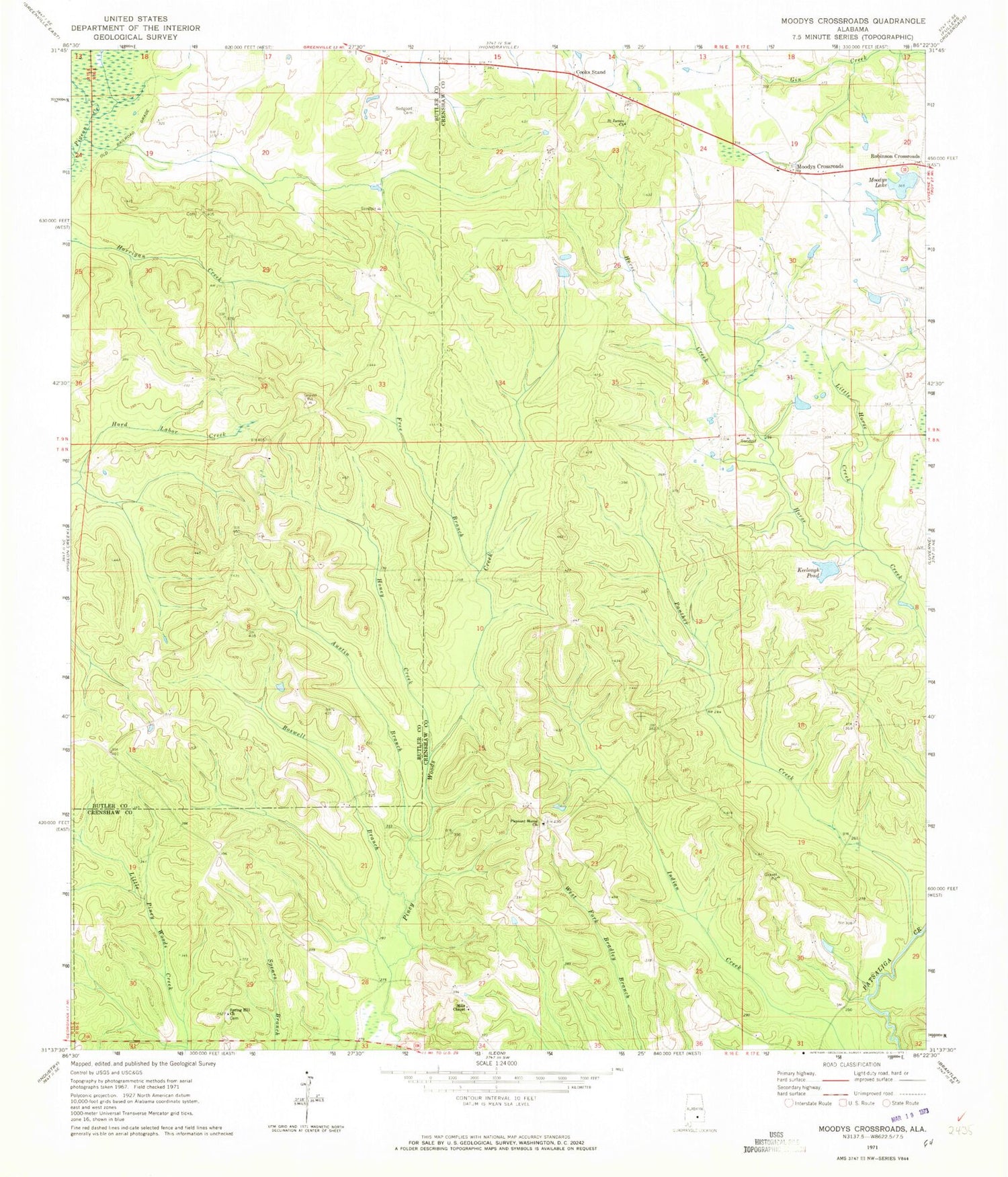 Classic USGS Moodys Crossroads Alabama 7.5'x7.5' Topo Map Image