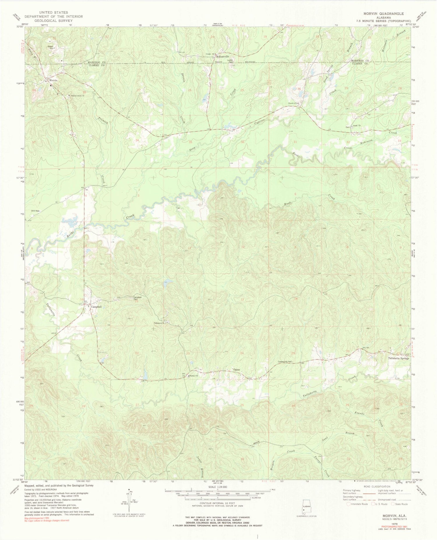 Classic USGS Morvin Alabama 7.5'x7.5' Topo Map Image