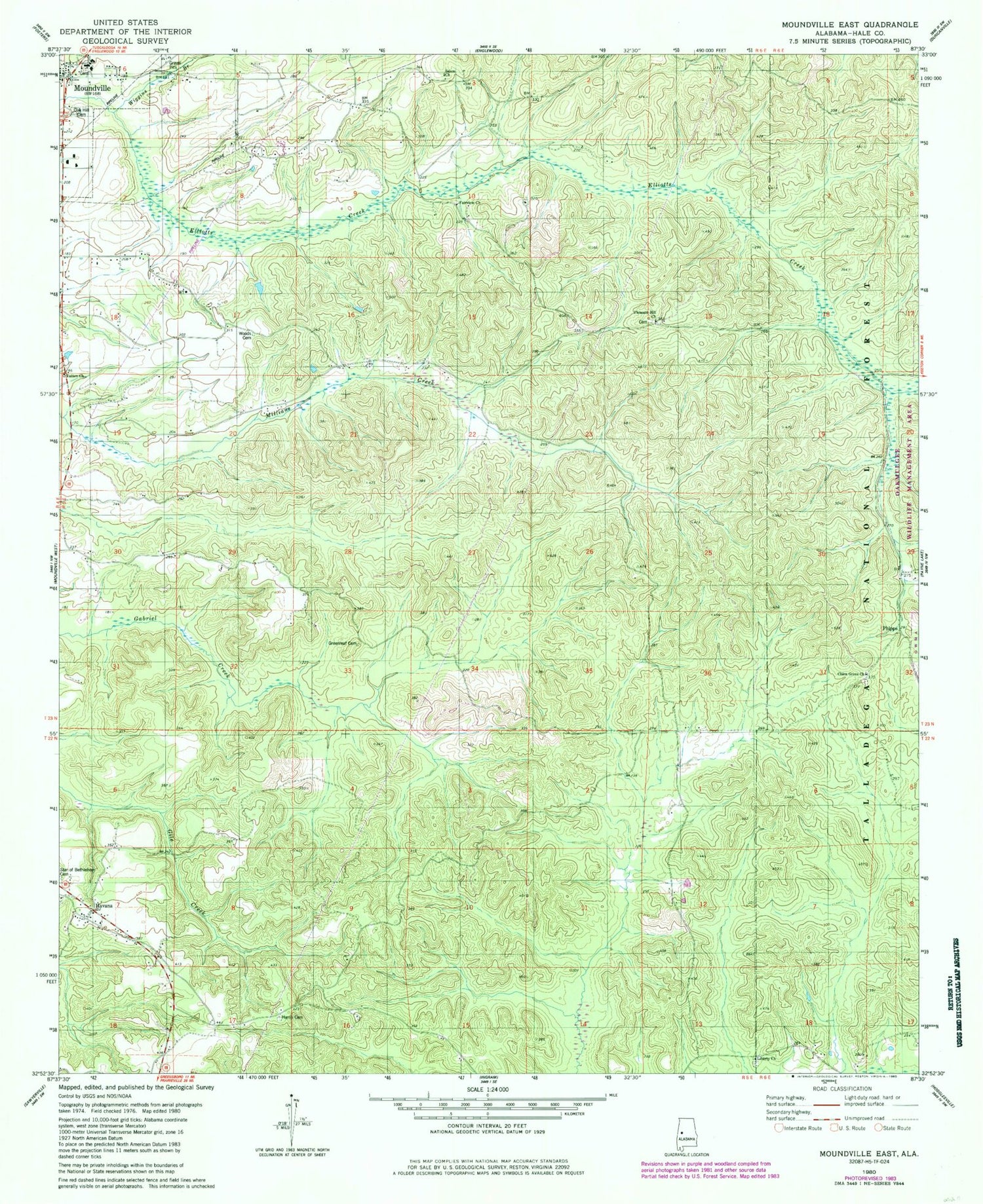 Classic USGS Moundville East Alabama 7.5'x7.5' Topo Map Image
