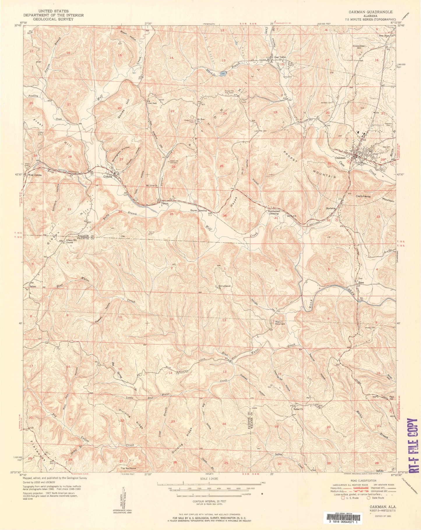 Classic USGS Oakman Alabama 7.5'x7.5' Topo Map Image