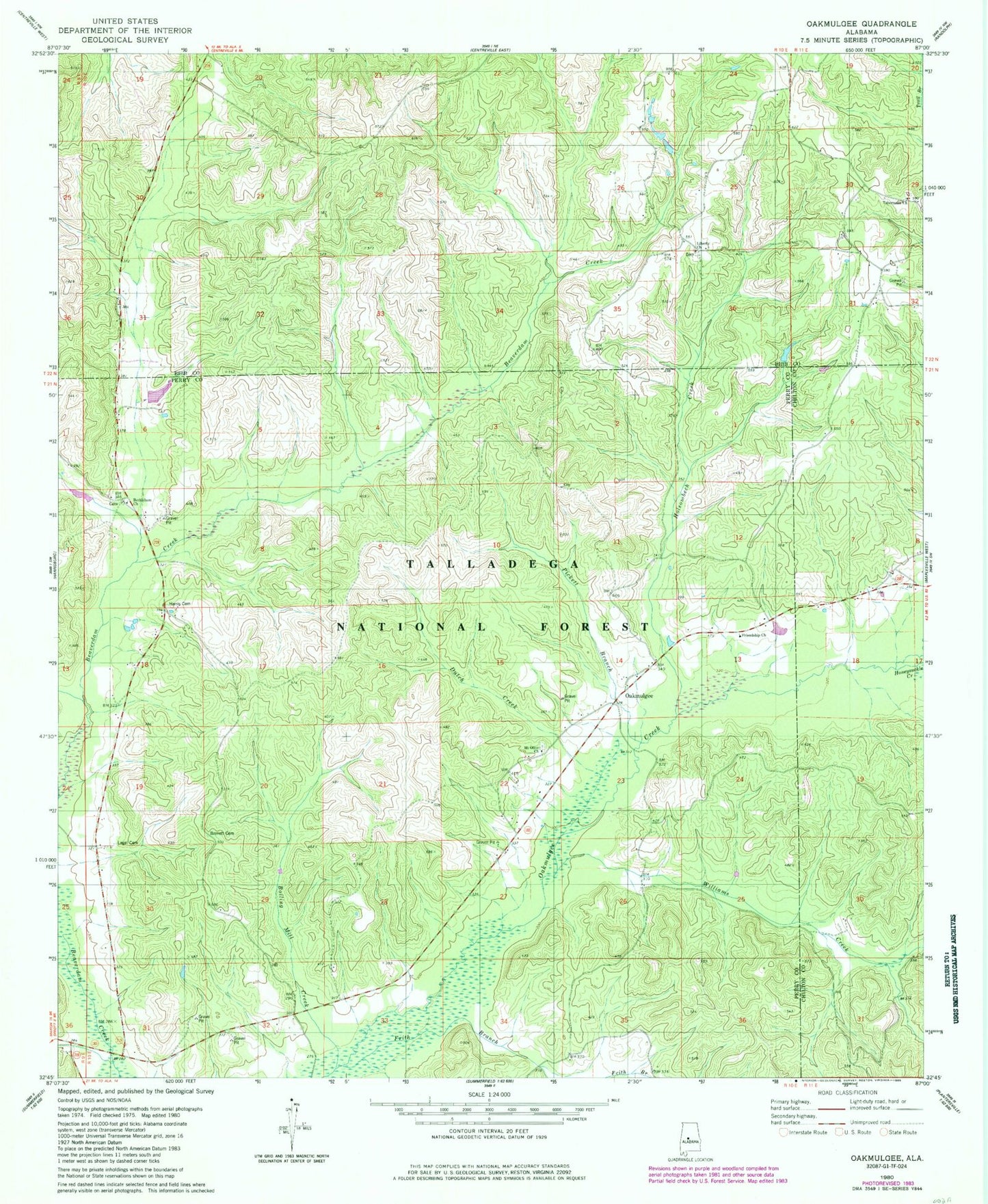 Classic USGS Oakmulgee Alabama 7.5'x7.5' Topo Map Image