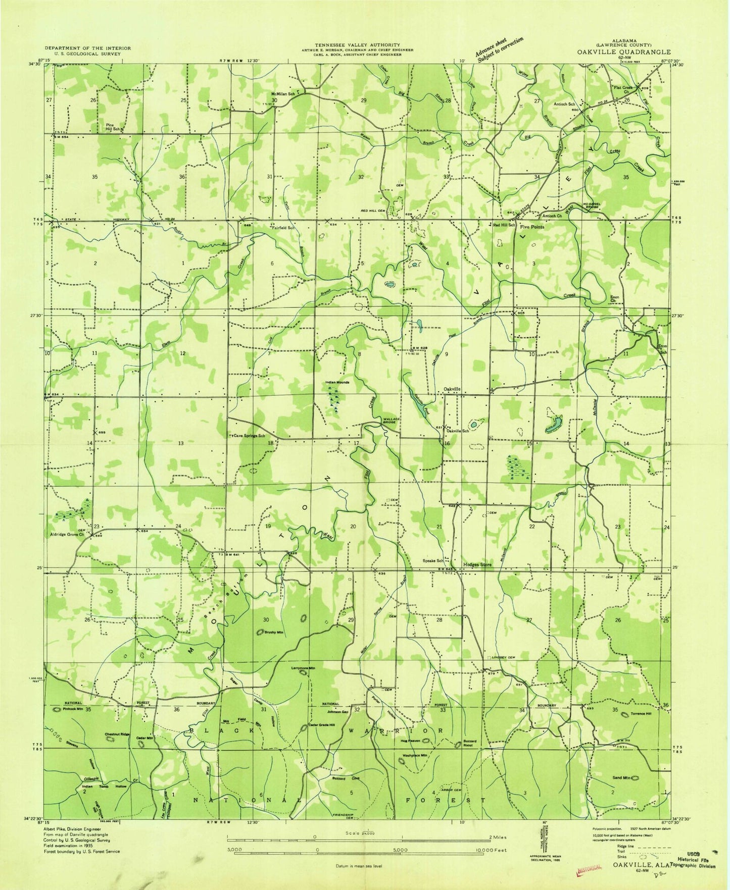 Classic USGS Oakville Alabama 7.5'x7.5' Topo Map Image