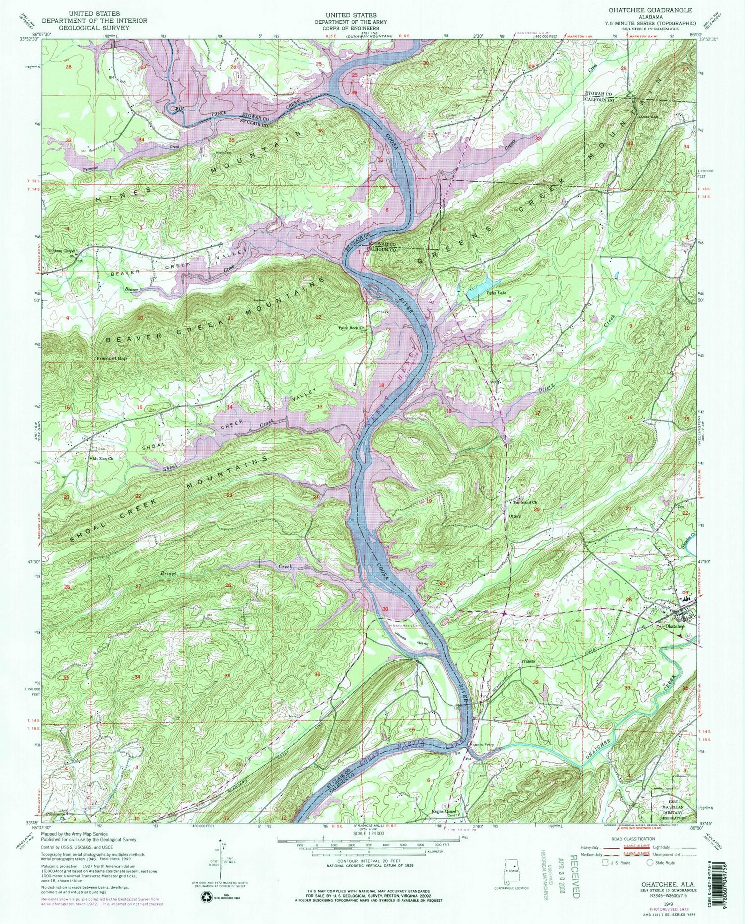 Classic USGS Ohatchee Alabama 7.5'x7.5' Topo Map Image