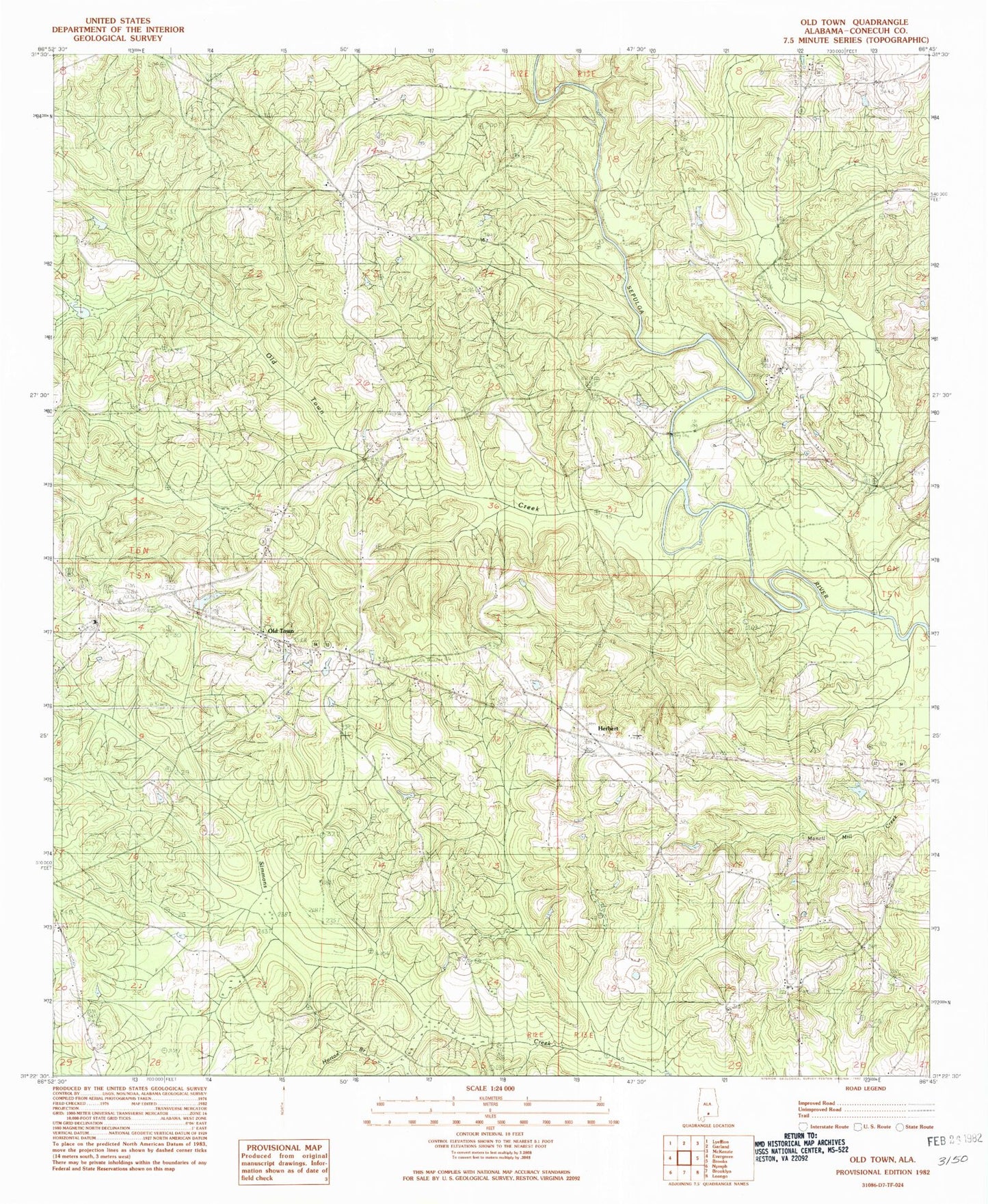 Classic USGS Old Town Alabama 7.5'x7.5' Topo Map Image