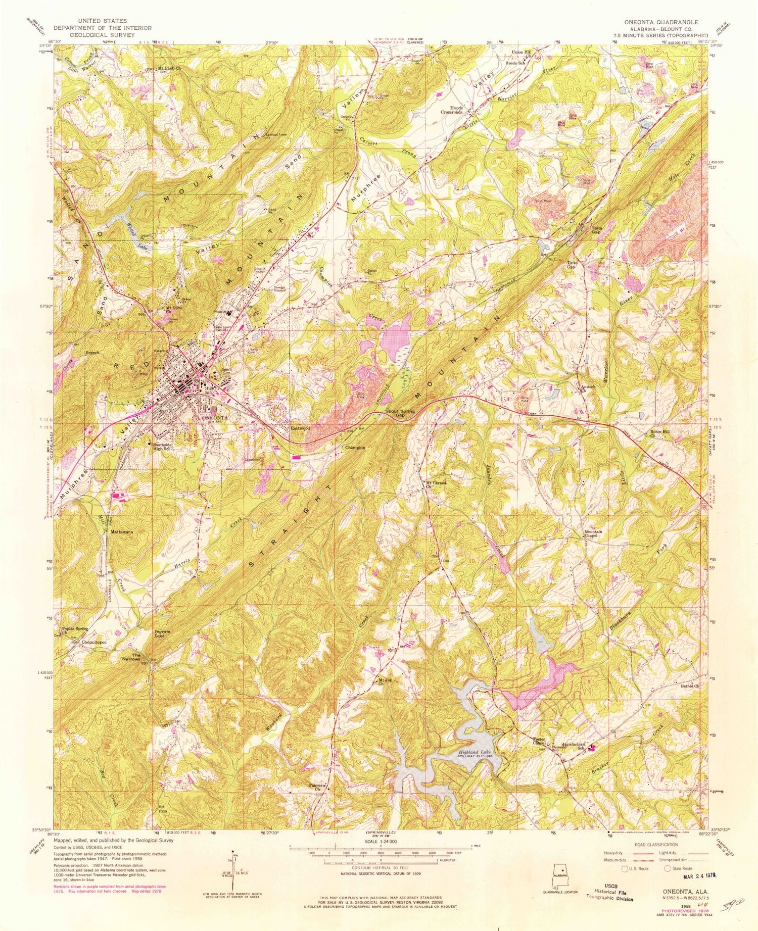 Classic USGS Oneonta Alabama 7.5'x7.5' Topo Map Image