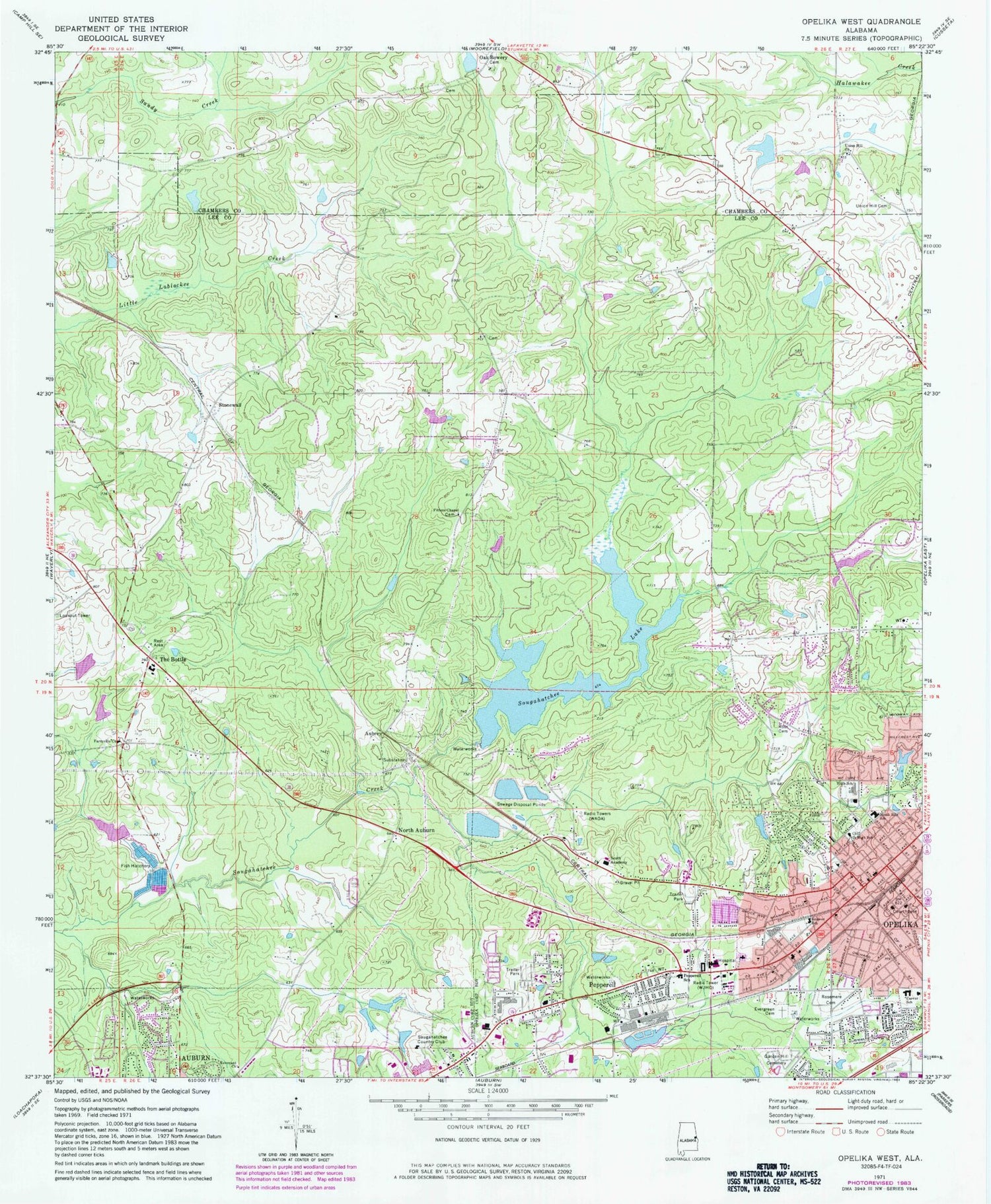Classic USGS Opelika West Alabama 7.5'x7.5' Topo Map Image