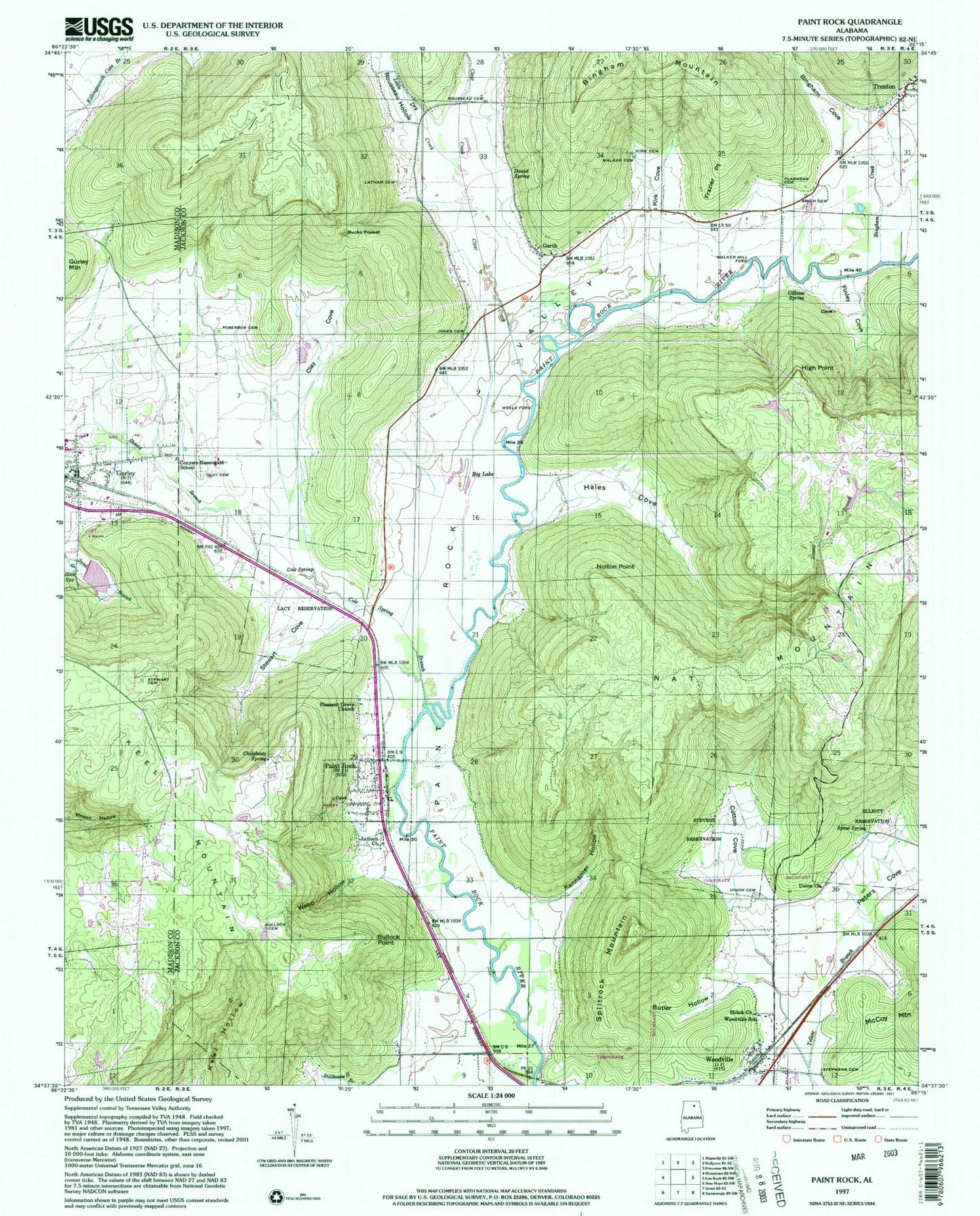 Classic USGS Paint Rock Alabama 7.5'x7.5' Topo Map Image