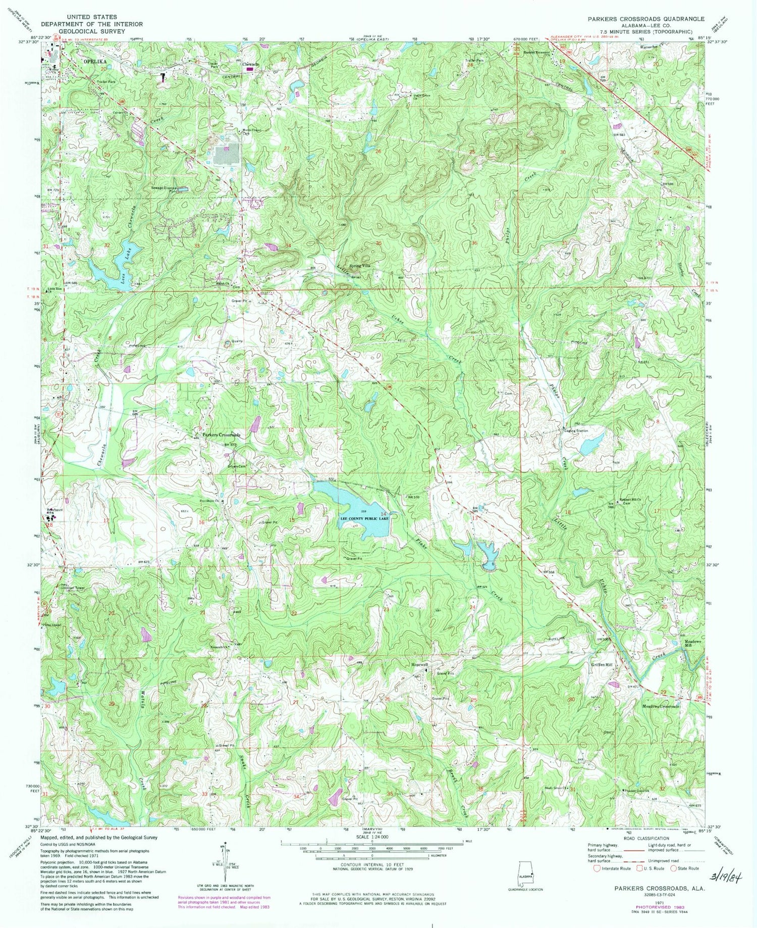 Classic USGS Parkers Crossroads Alabama 7.5'x7.5' Topo Map Image
