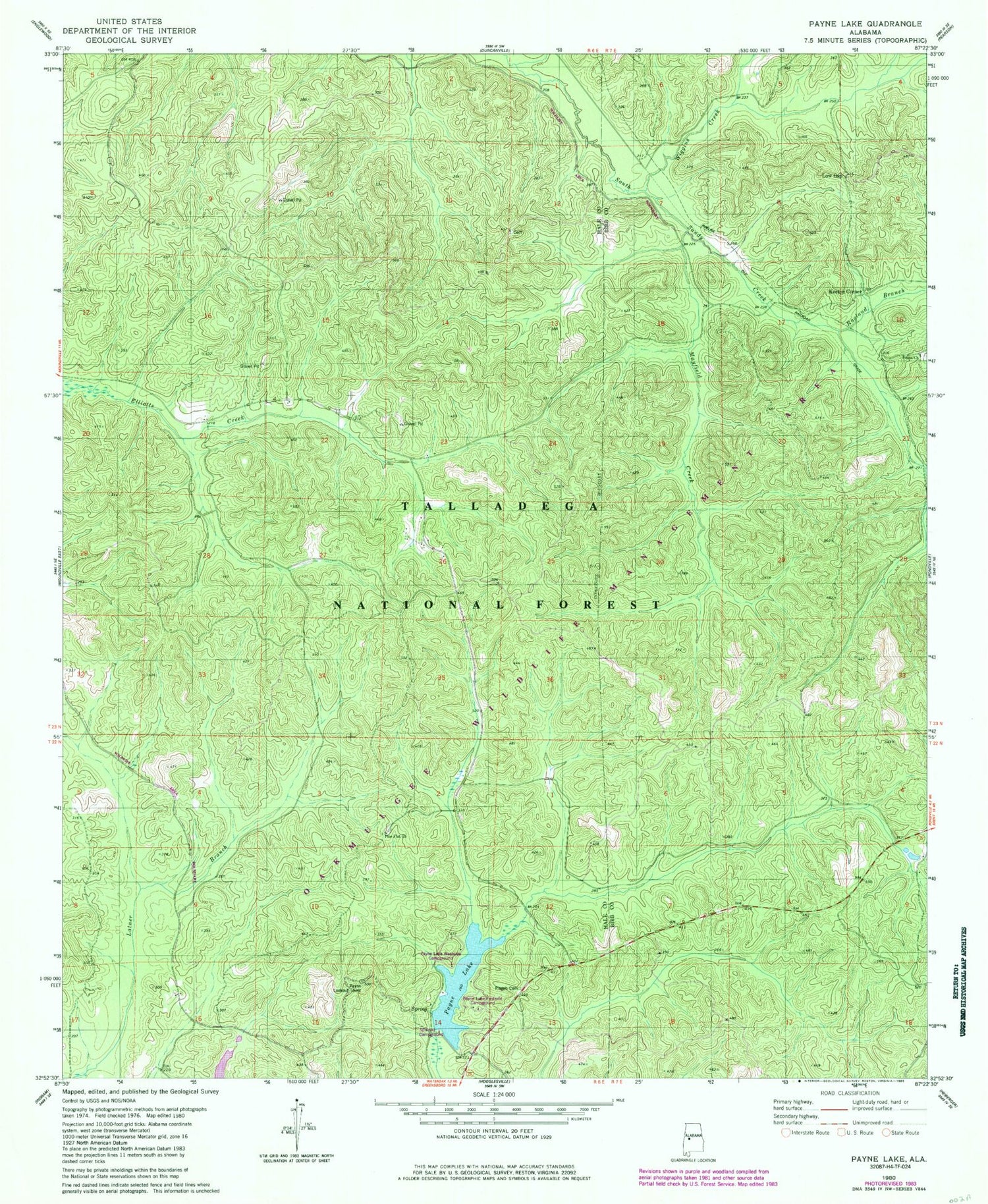 Classic USGS Payne Lake Alabama 7.5'x7.5' Topo Map Image