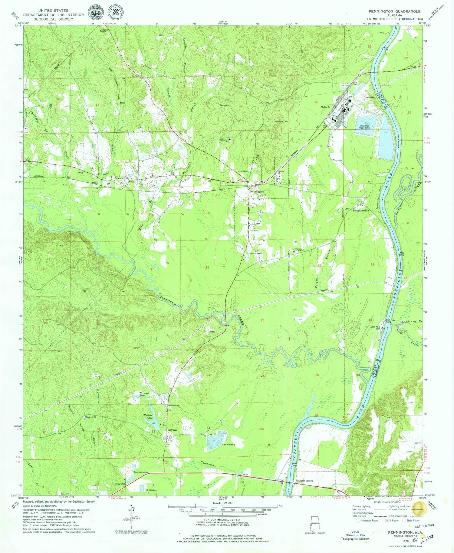 Classic USGS Pennington Alabama 7.5'x7.5' Topo Map Image