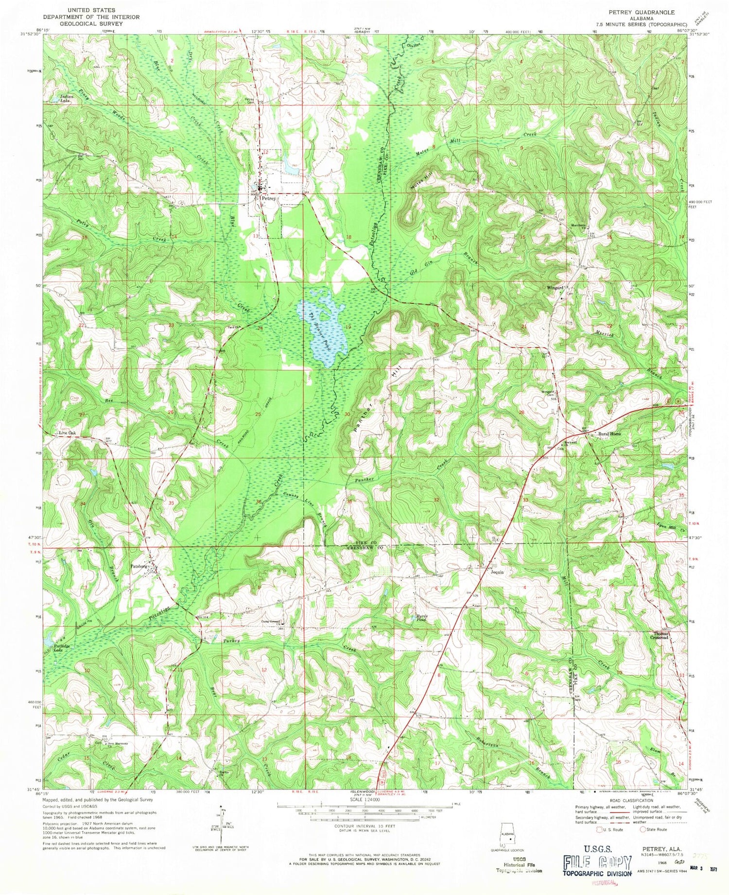 Classic USGS Petrey Alabama 7.5'x7.5' Topo Map Image