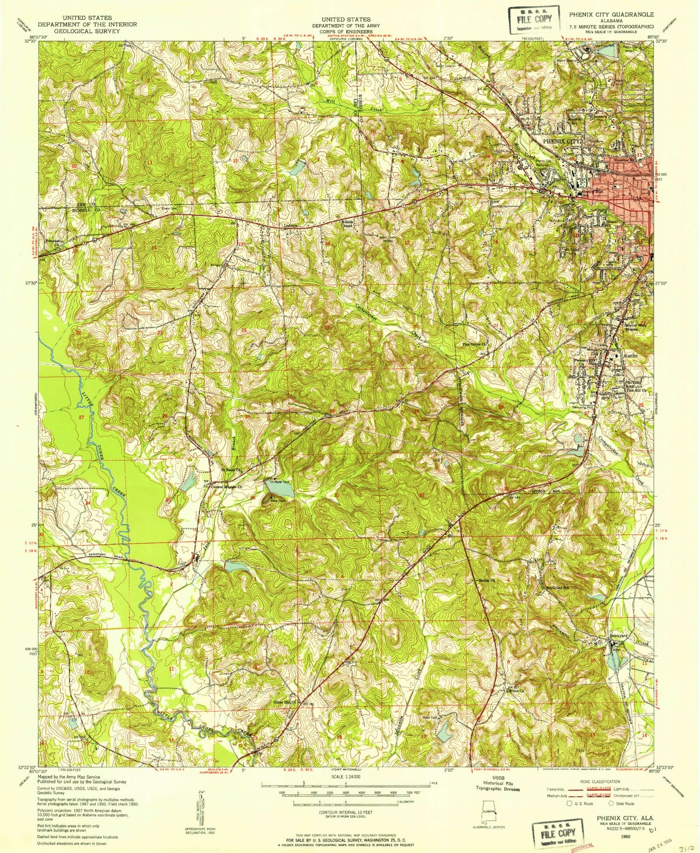 Classic USGS Phenix City Alabama 7.5'x7.5' Topo Map Image