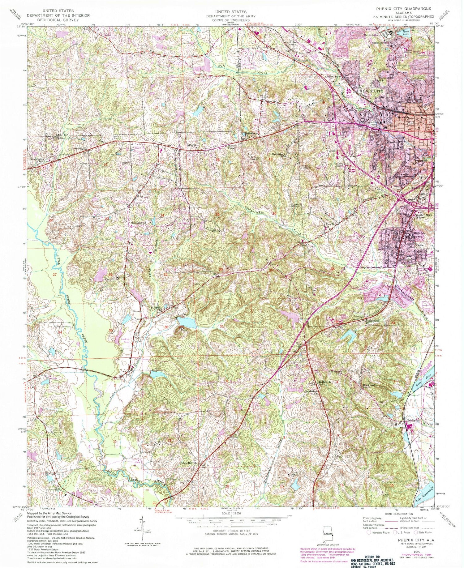 Classic USGS Phenix City Alabama 7.5'x7.5' Topo Map Image