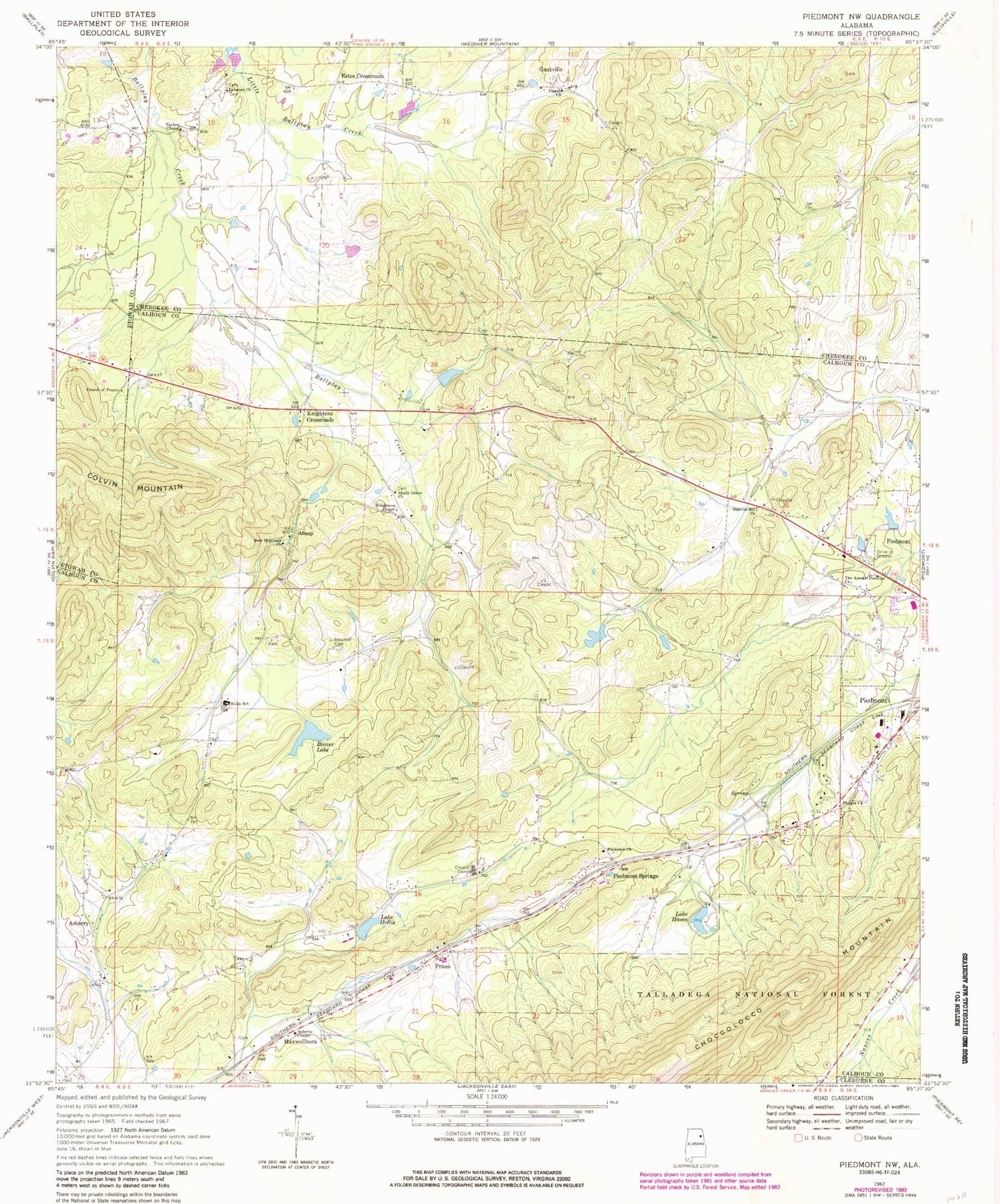 Classic USGS Piedmont NW Alabama 7.5'x7.5' Topo Map Image