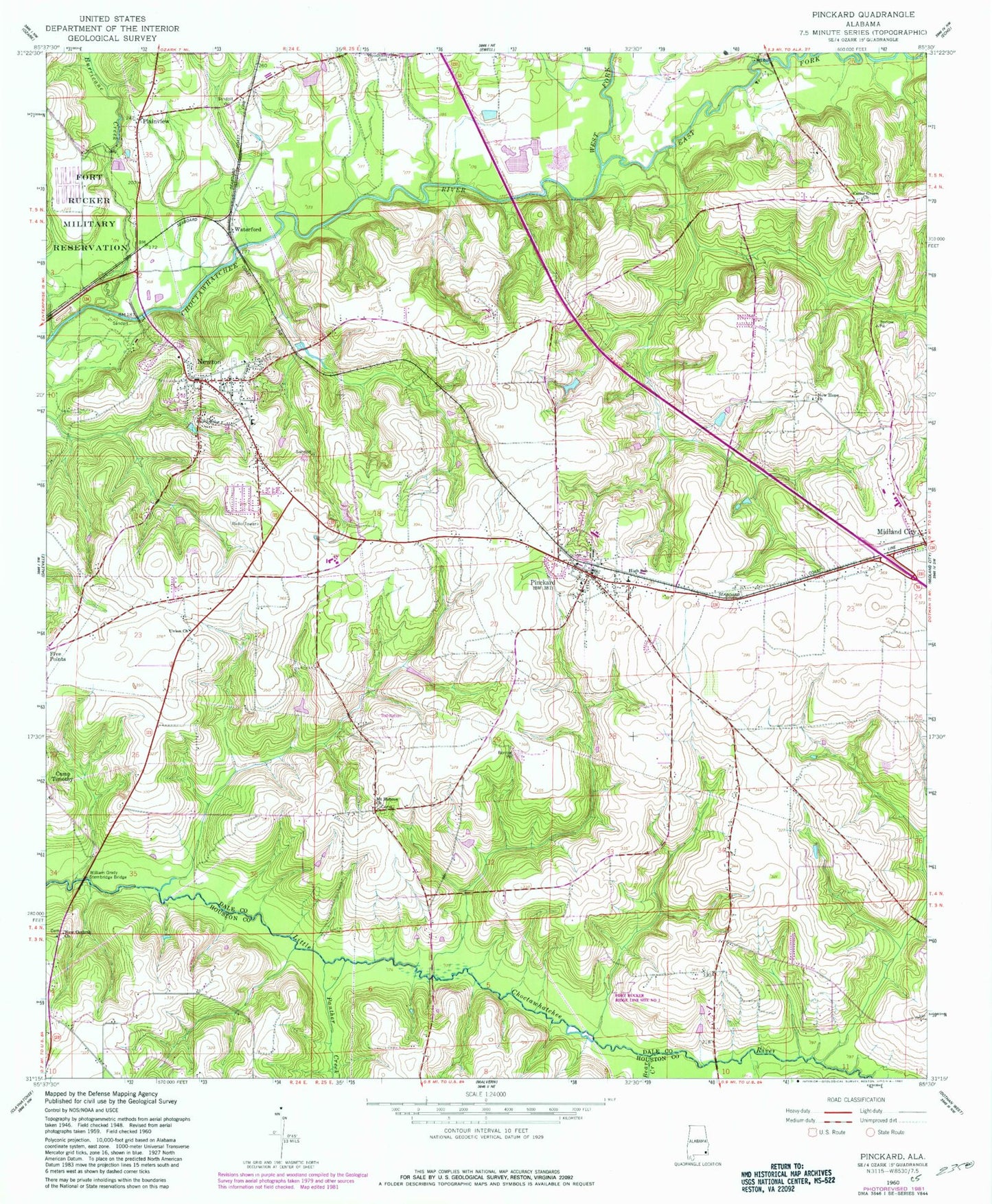 Classic USGS Pinckard Alabama 7.5'x7.5' Topo Map Image