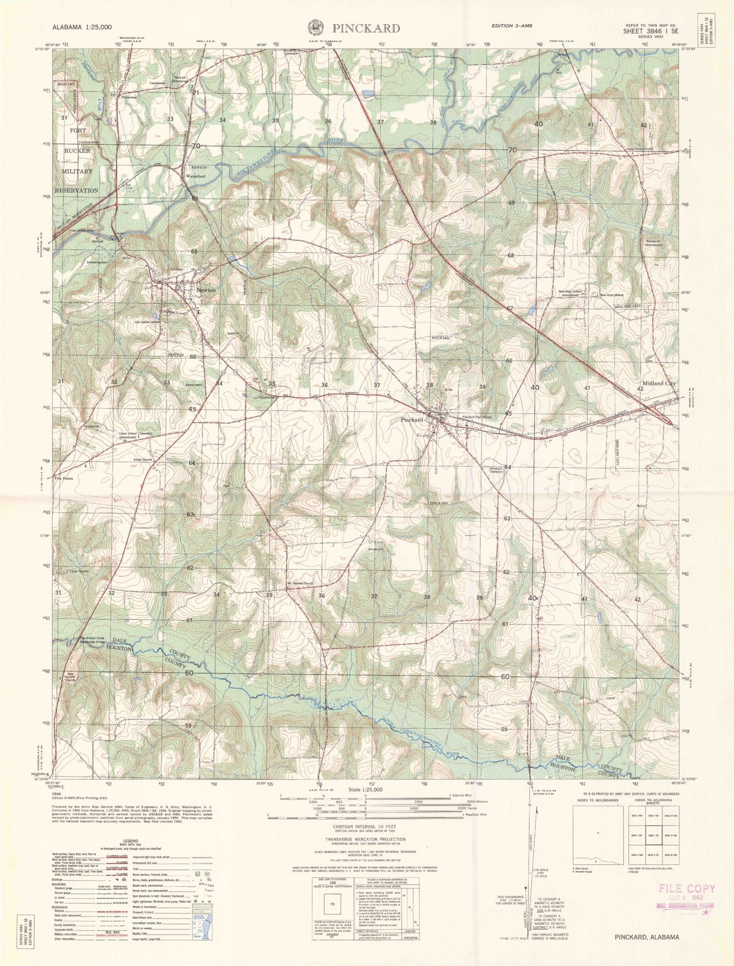 Classic USGS Pinckard Alabama 7.5'x7.5' Topo Map Image
